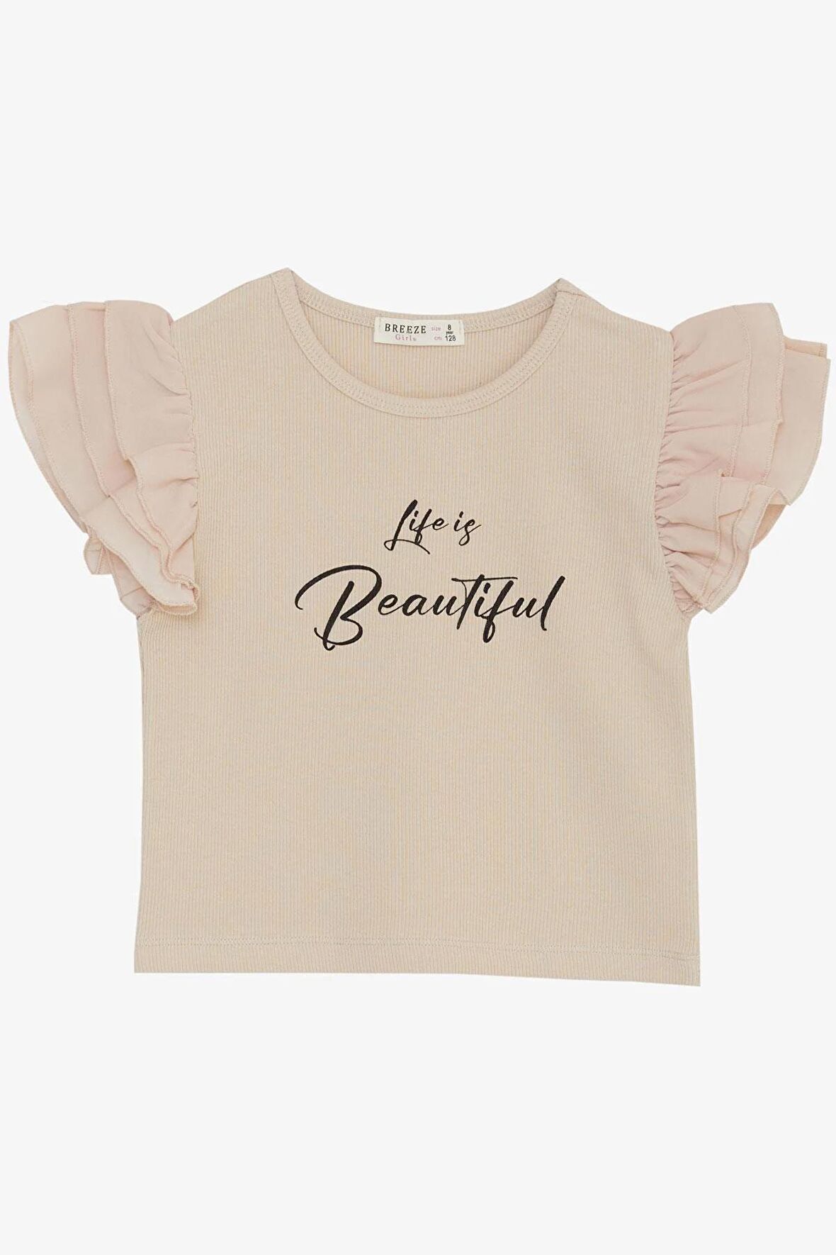 Breeze Kız Çocuk Tişört Kemer Boy Kolları Krep Kumaş Fırfırlı Yazı Baskılı 8-12 Yaş, Bej