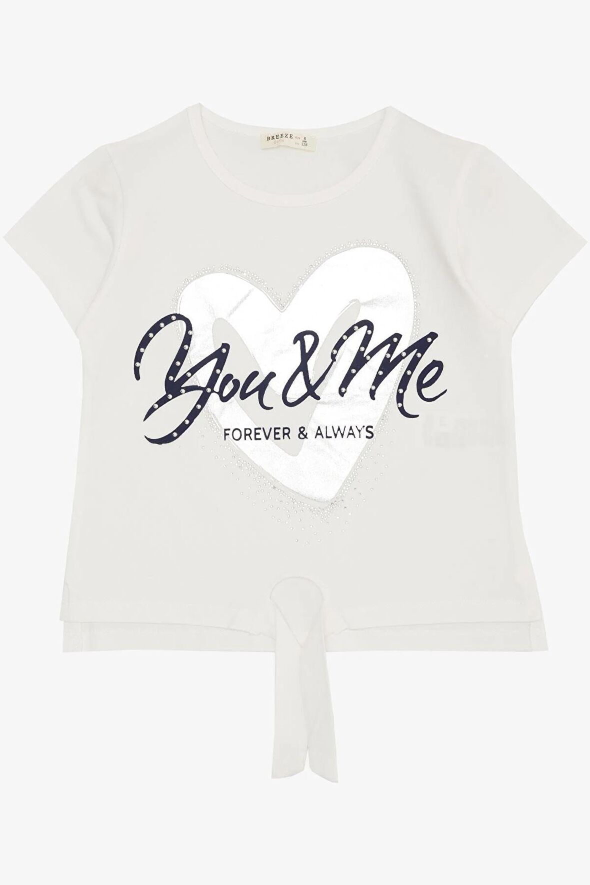 Breeze Kız Çocuk Tişört Belden Bağlamalı Taşlı Yazı Baskılı 7-12 Yaş, Ekru