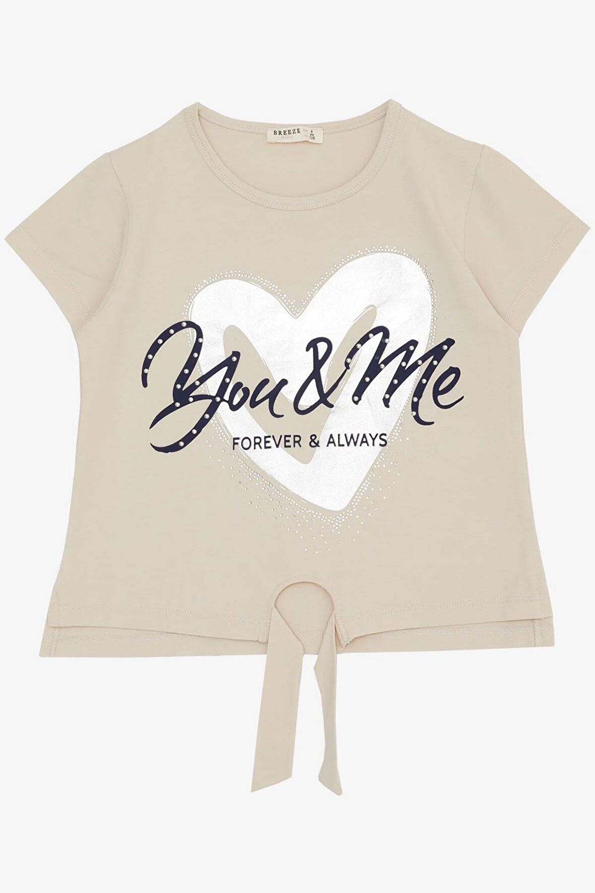 Breeze Kız Çocuk Tişört Belden Bağlamalı Taşlı Yazı Baskılı 7-12 Yaş, Bej
