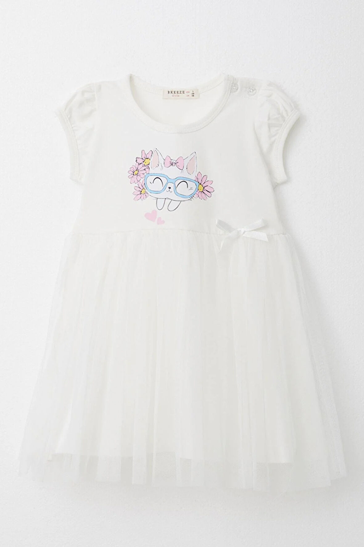 Breeze Kız Çocuk Elbise Gözlüklü Sevimli Kedicik Baskılı 1.5-5 Yaş, Ekru