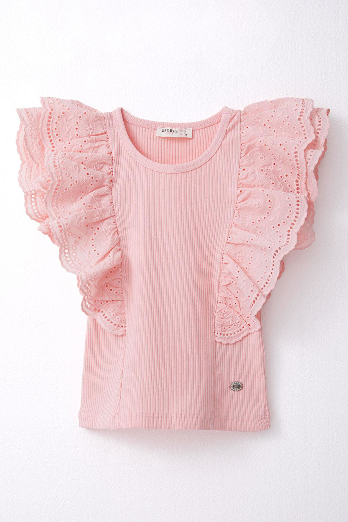 Breeze Kız Çocuk Tişört Güpürlü Çiçek & Yaprak Nakışlı 6-12 Yaş, Somon