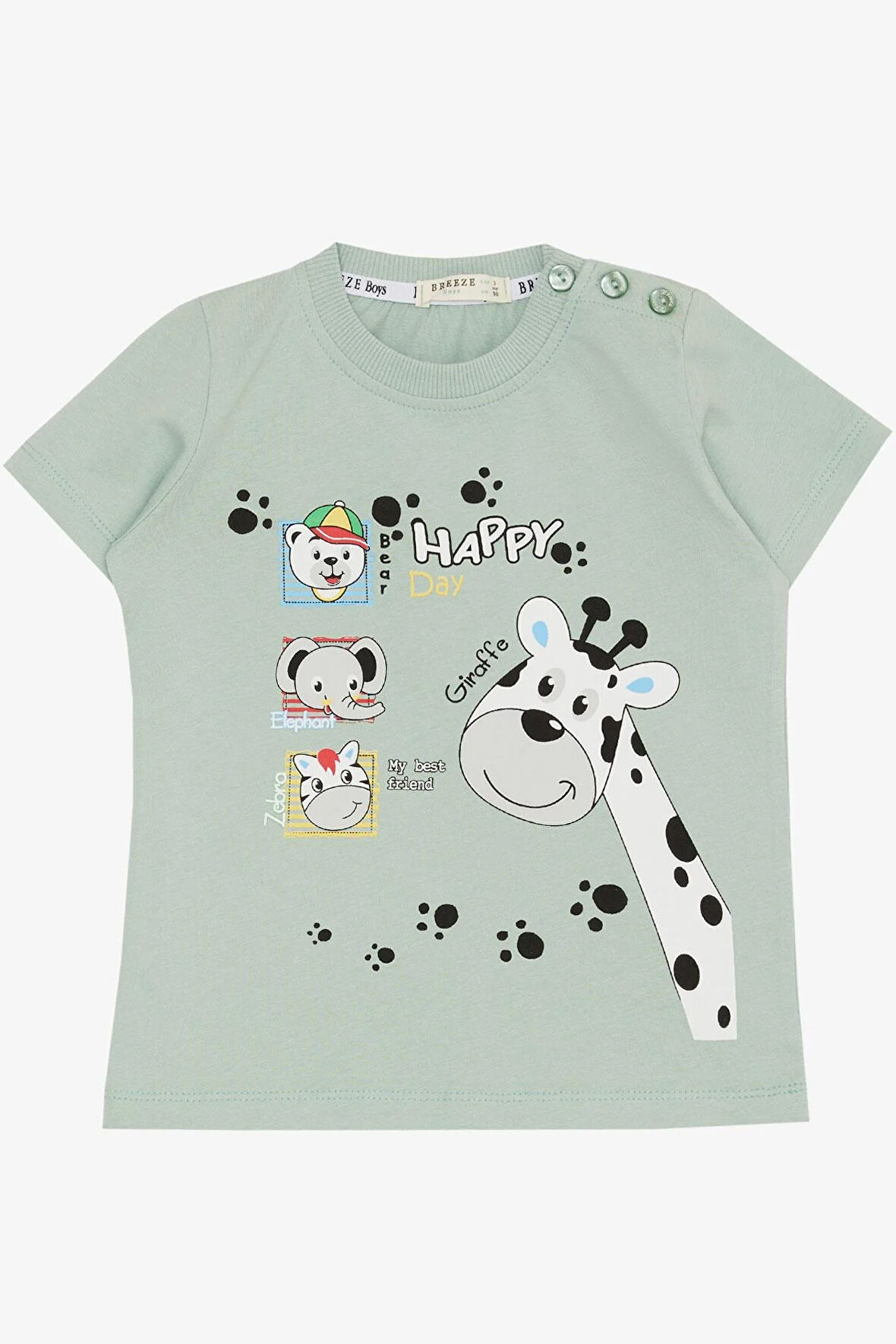 Breeze Erkek Bebek Tişört Sevimli Hayvancıklar Baskılı 9 Ay-3 Yaş, Mint Yeşili