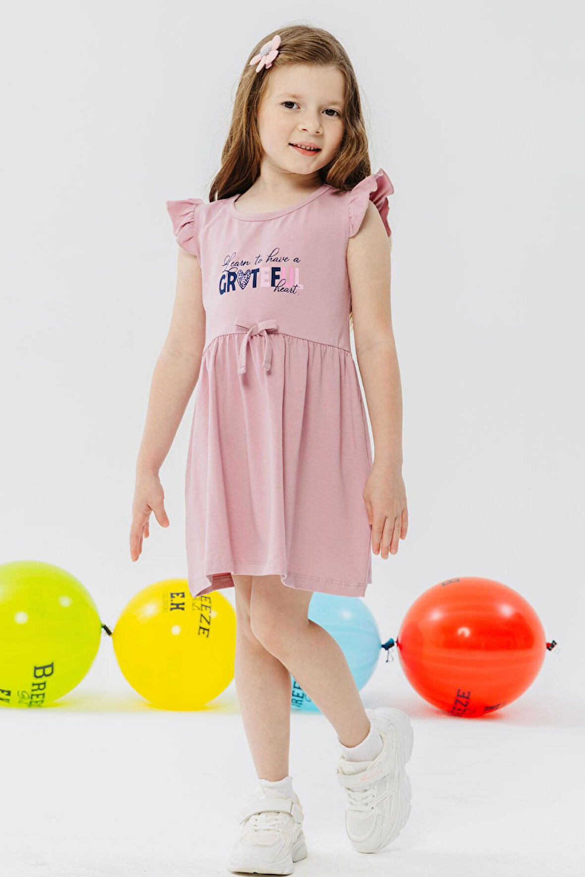 Breeze Kız Çocuk Elbise Yazı Baskılı 3-7 Yaş, Gülkurusu