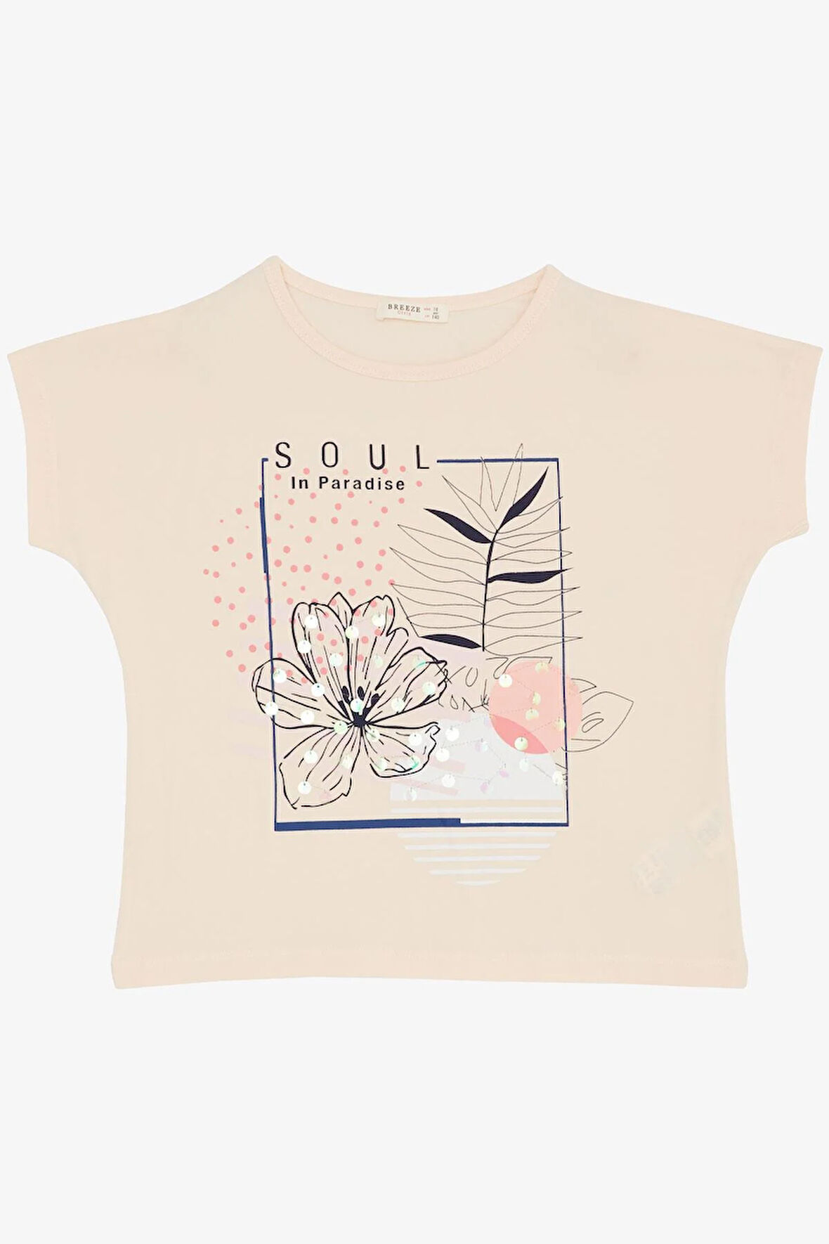Breeze Kız Çocuk Tişört Çiçek Baskılı Pullu 10-16 Yaş, Pudra