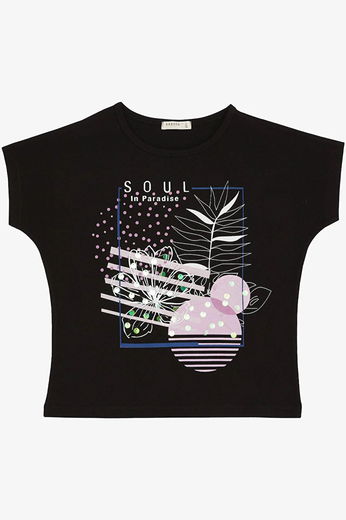 Breeze Kız Çocuk Tişört Çiçek Baskılı Pullu 10-16 Yaş, Siyah