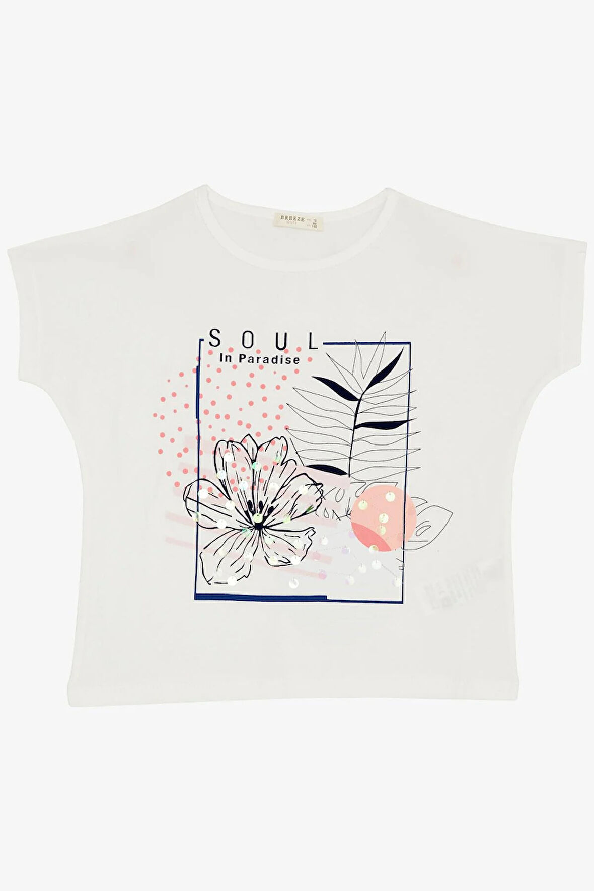 Breeze Kız Çocuk Tişört Çiçek Baskılı Pullu 10-16 Yaş, Ekru