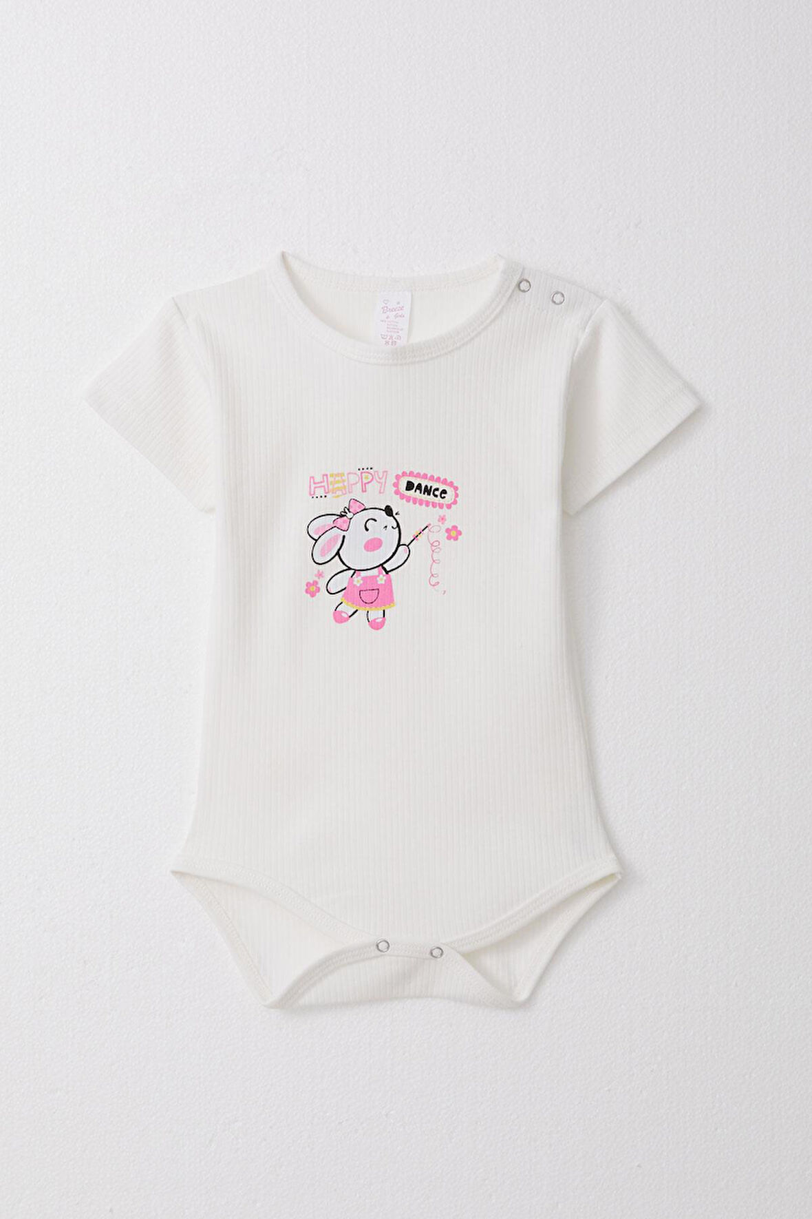 Breeze Kız Bebek Çıtçıtlı Zıbın Body Mutlu Tavşancık Baskılı Çiçekli 9 Ay-3 Yaş, Beyaz