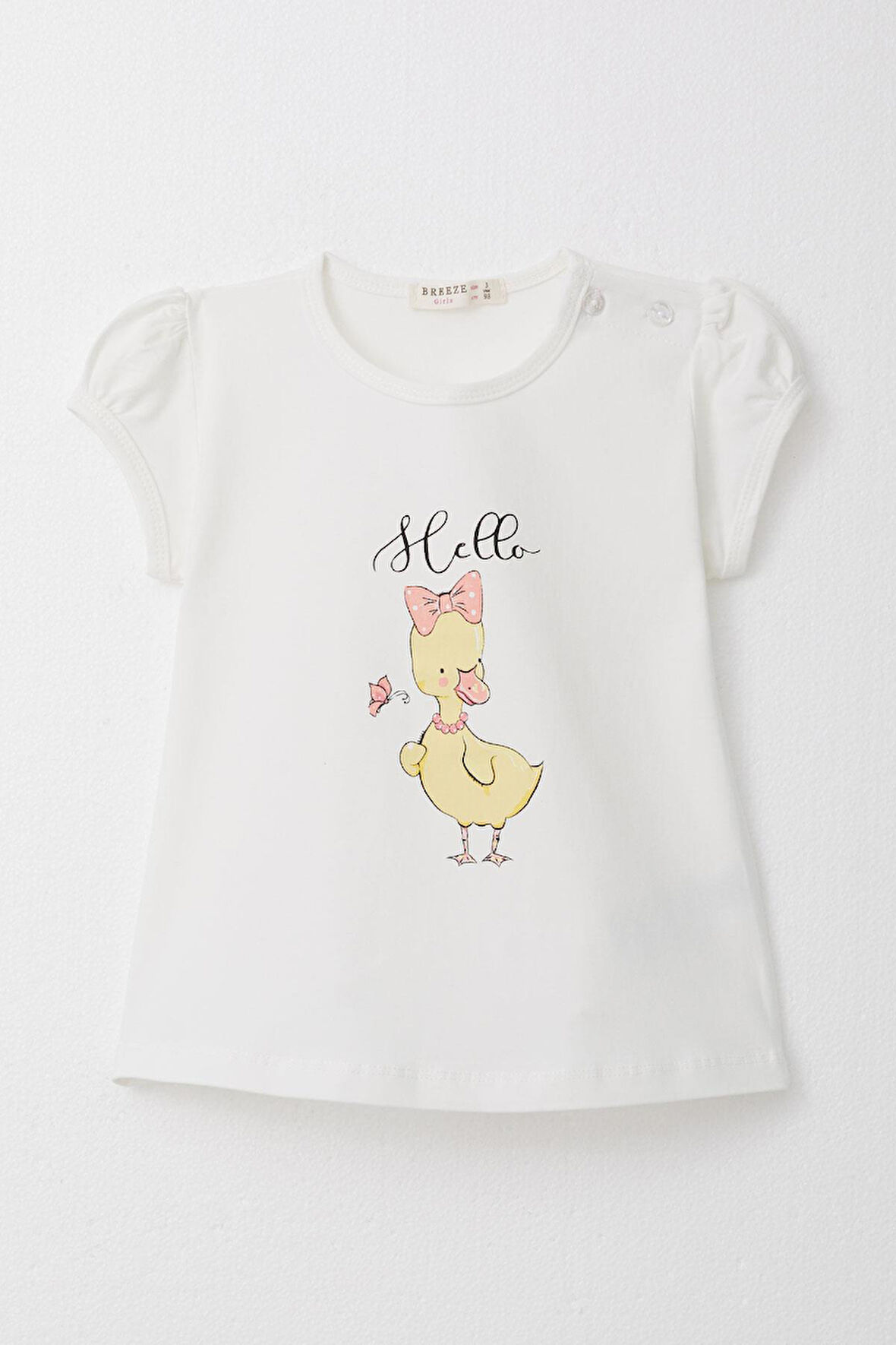 Breeze Kız Çocuk Tişört Süslü Fiyonklu Ördek Baskılı 1-4 Yaş, Ekru