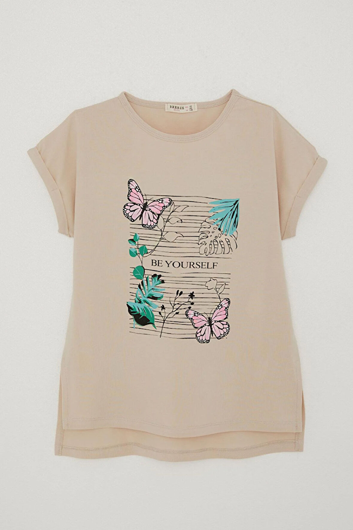Breeze Kız Çocuk Tişört Kelebek & Çiçek Baskılı 10-16 Yaş, Bej