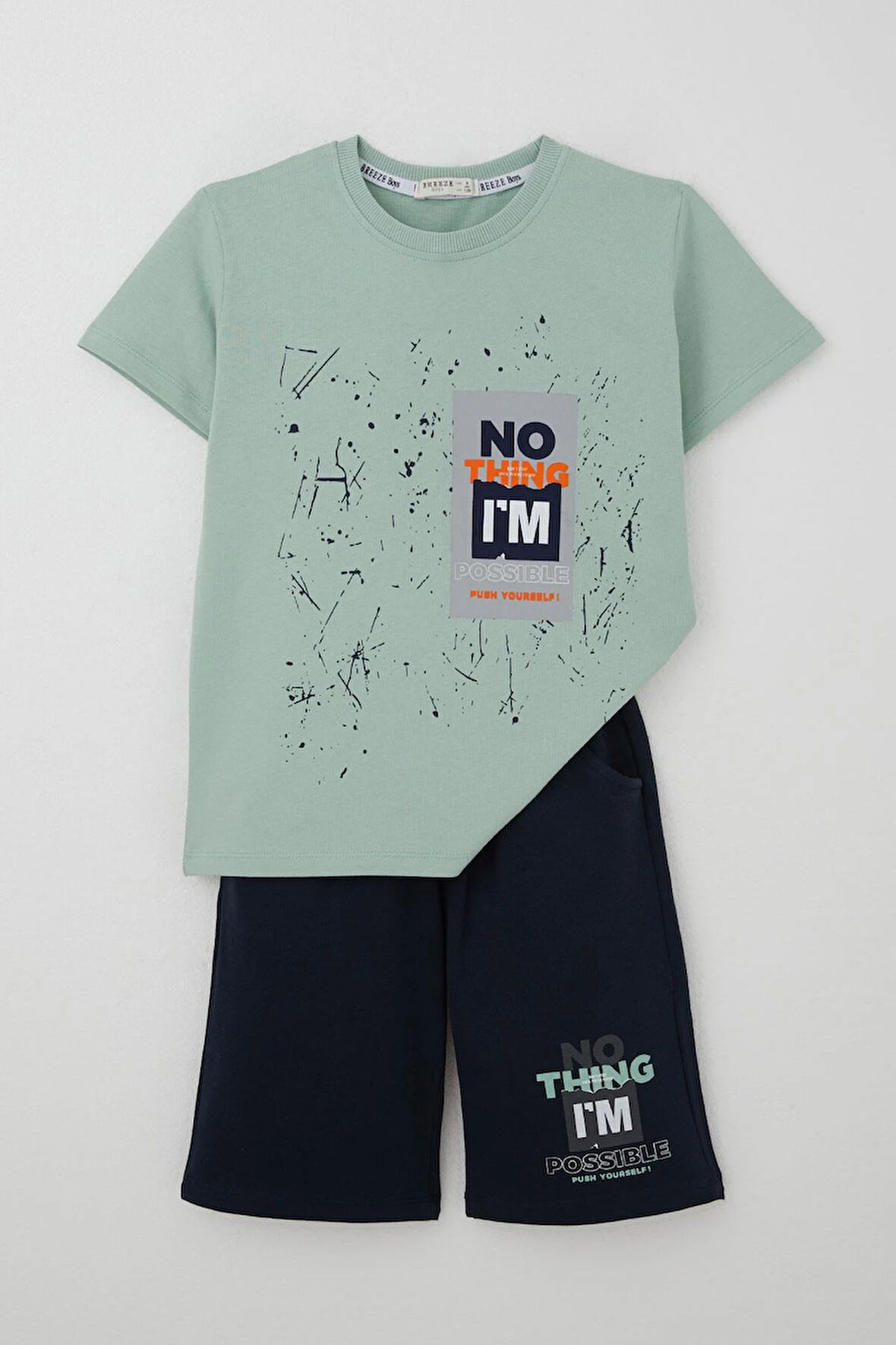 Breeze Erkek Çocuk Şortlu Takım Püskürtme Boya Desenli Yazı Baskılı 5-10 Yaş, Mint Yeşili