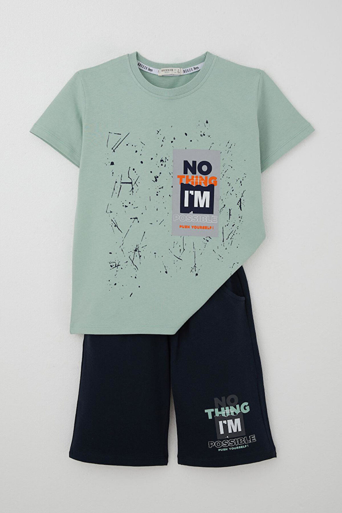Breeze Erkek Çocuk Şortlu Takım Püskürtme Boya Desenli Yazı Baskılı 5-10 Yaş, Mint Yeşili