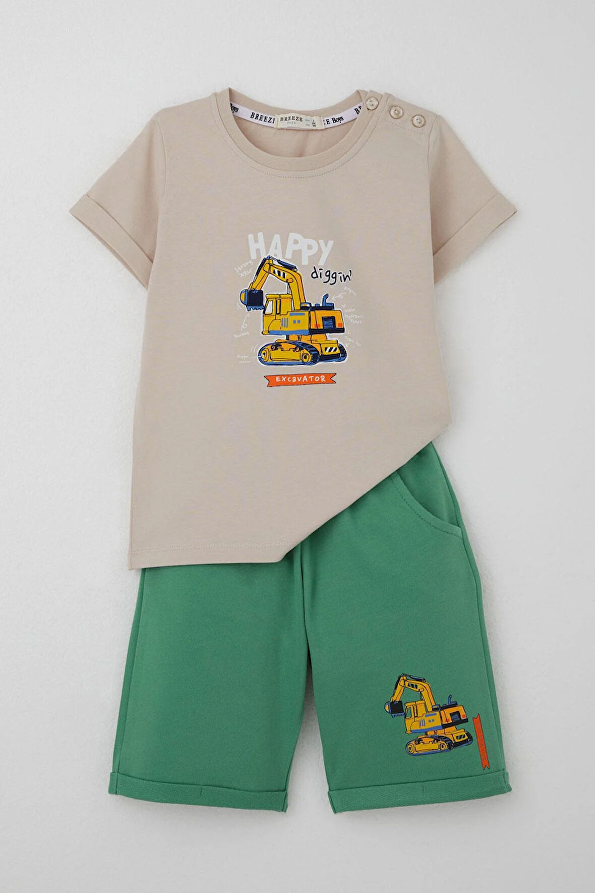 Breeze Erkek Çocuk Şortlu Takım İş Makinası Baskılı 1-4 Yaş, Bej