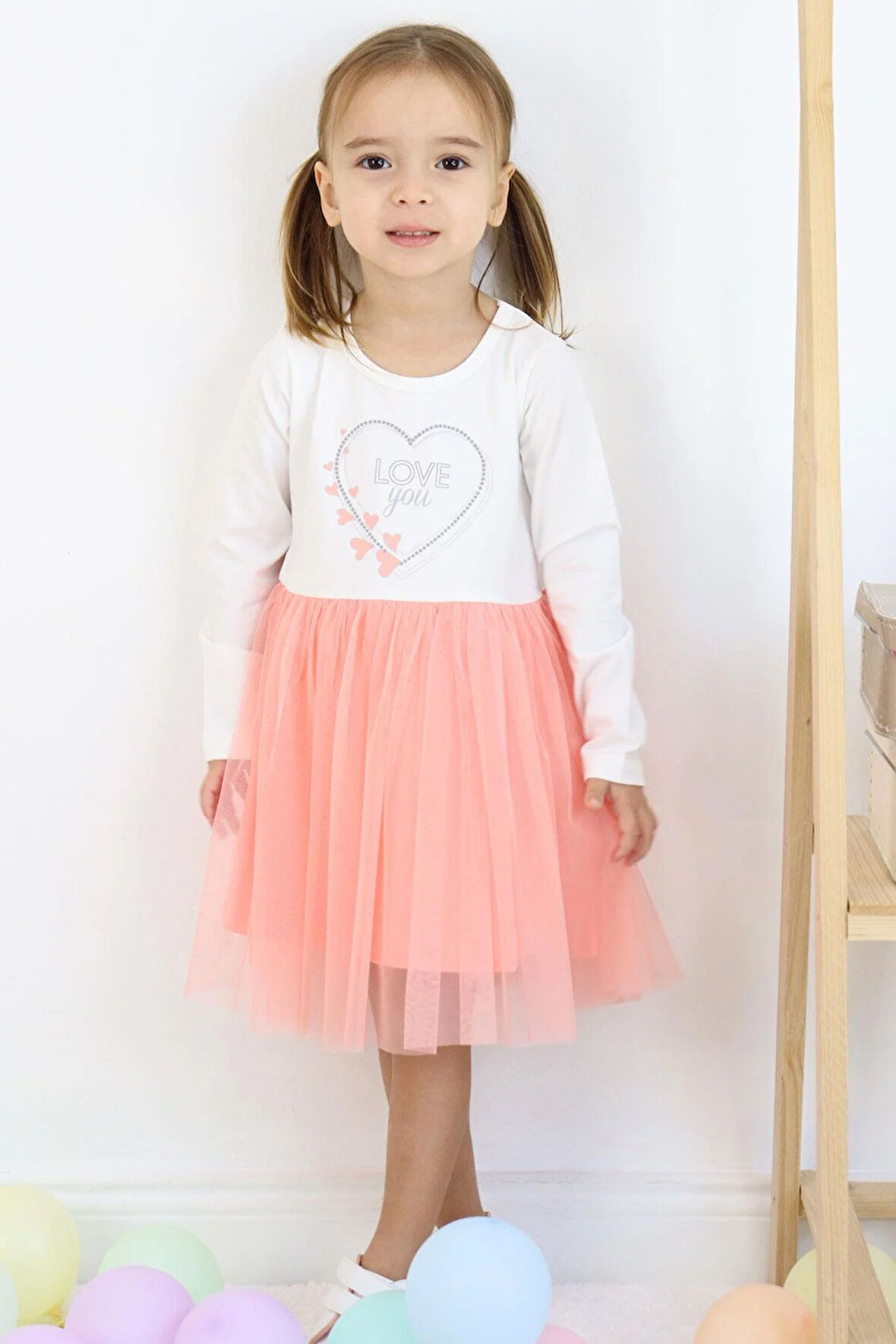 Breeze Kız Çocuk Uzun Kollu Elbise Yazı Baskılı Kalpli 1.5-5 Yaş, Ekru