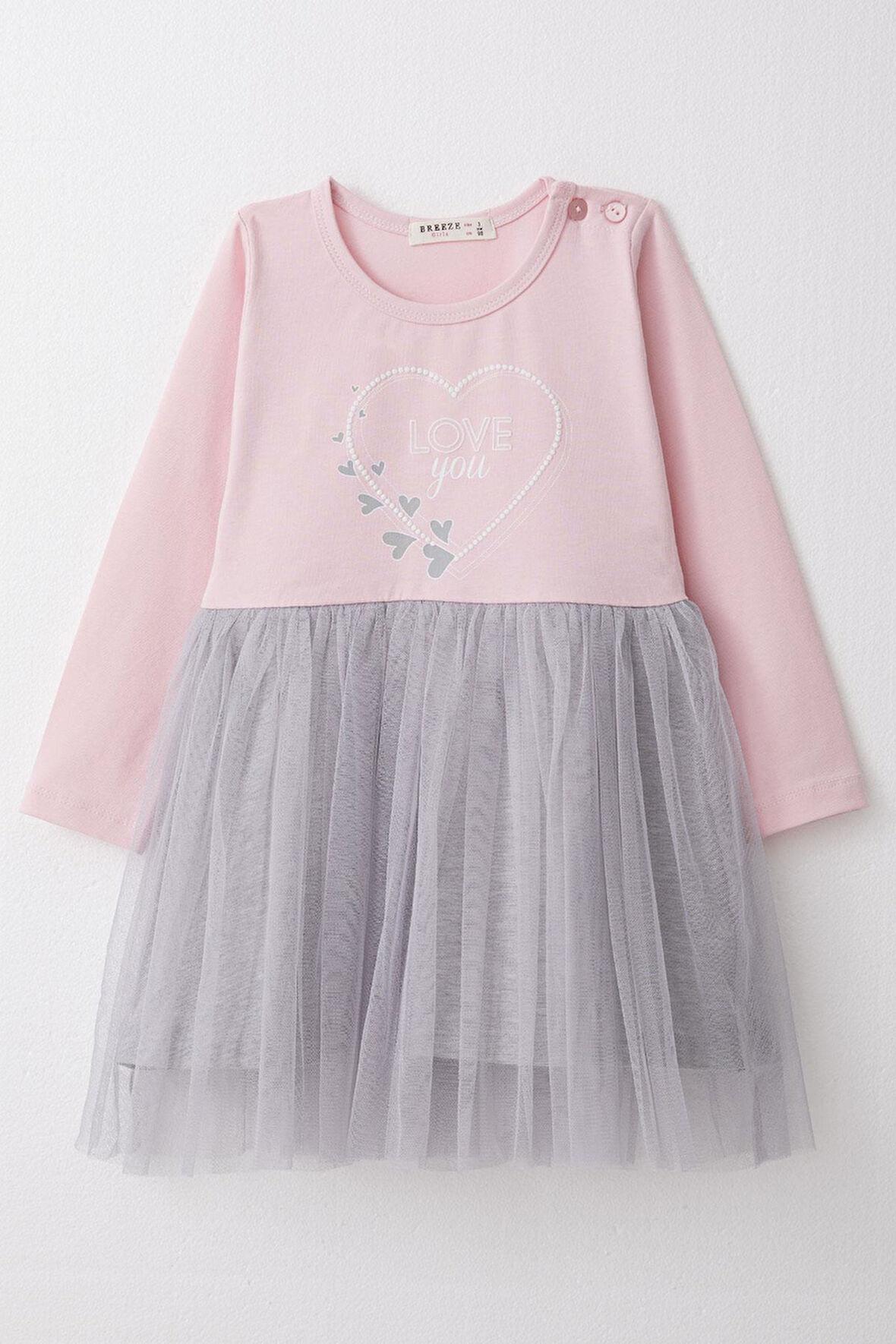 Breeze Kız Çocuk Uzun Kollu Elbise Yazı Baskılı Kalpli 1.5-5 Yaş, Pembe