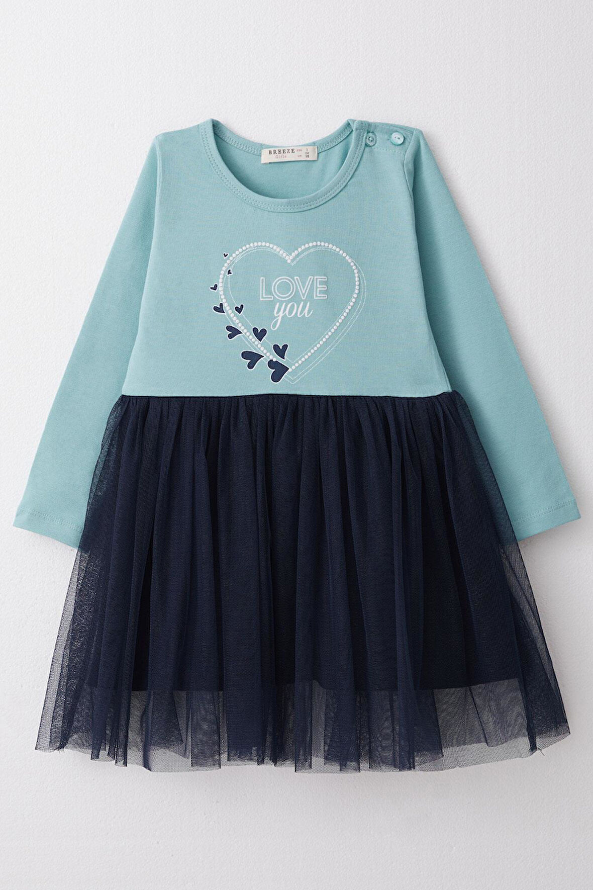 Breeze Kız Çocuk Uzun Kollu Elbise Yazı Baskılı Kalpli 1.5-5 Yaş, Su Yeşili