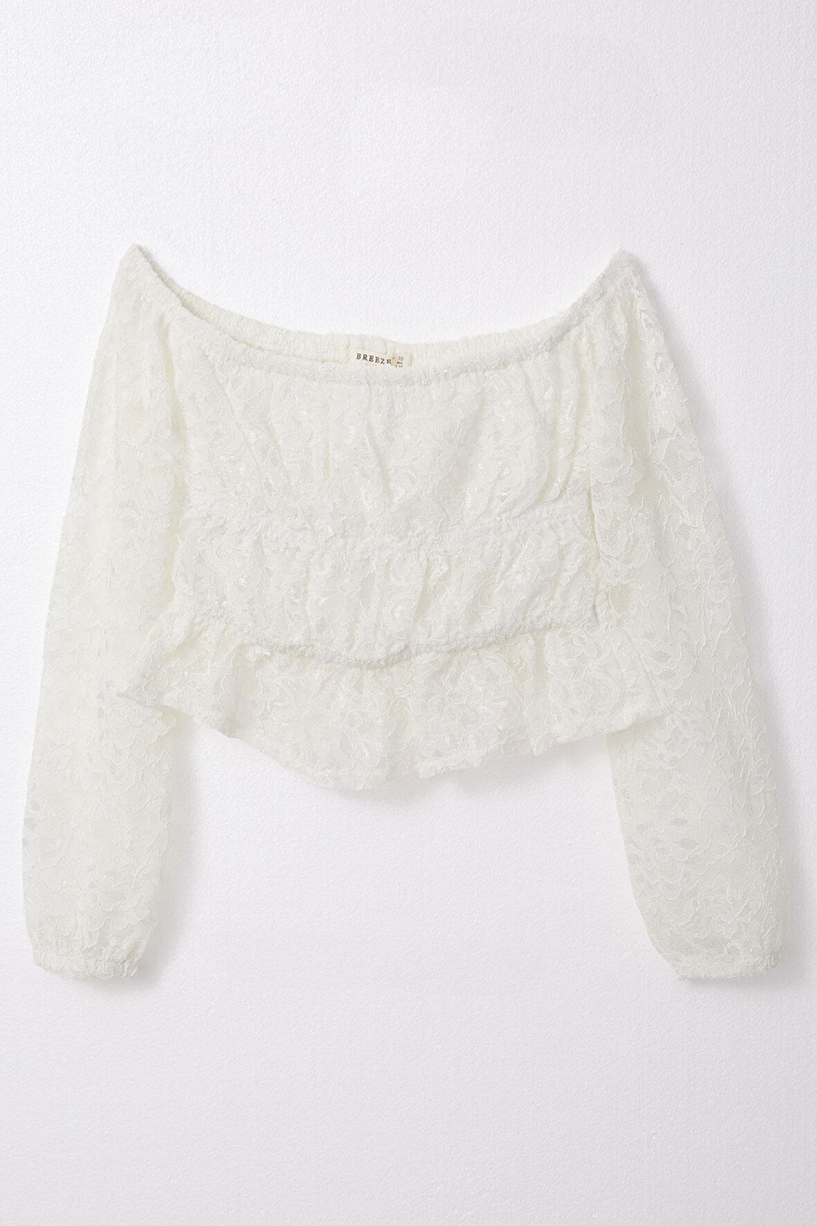 Breeze Kız Çocuk Uzun Kollu Dantelli Crop Bluz 9-14 Yaş, Ekru