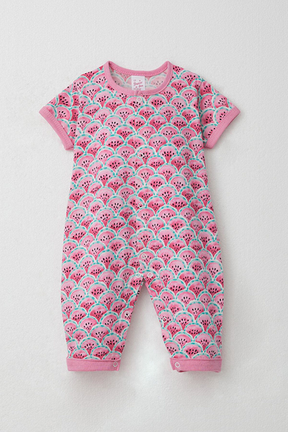 Breeze Kız Bebek Kısa Kollu Tulum Karpuz Dilim Desenli 0-6 Ay, Pembe