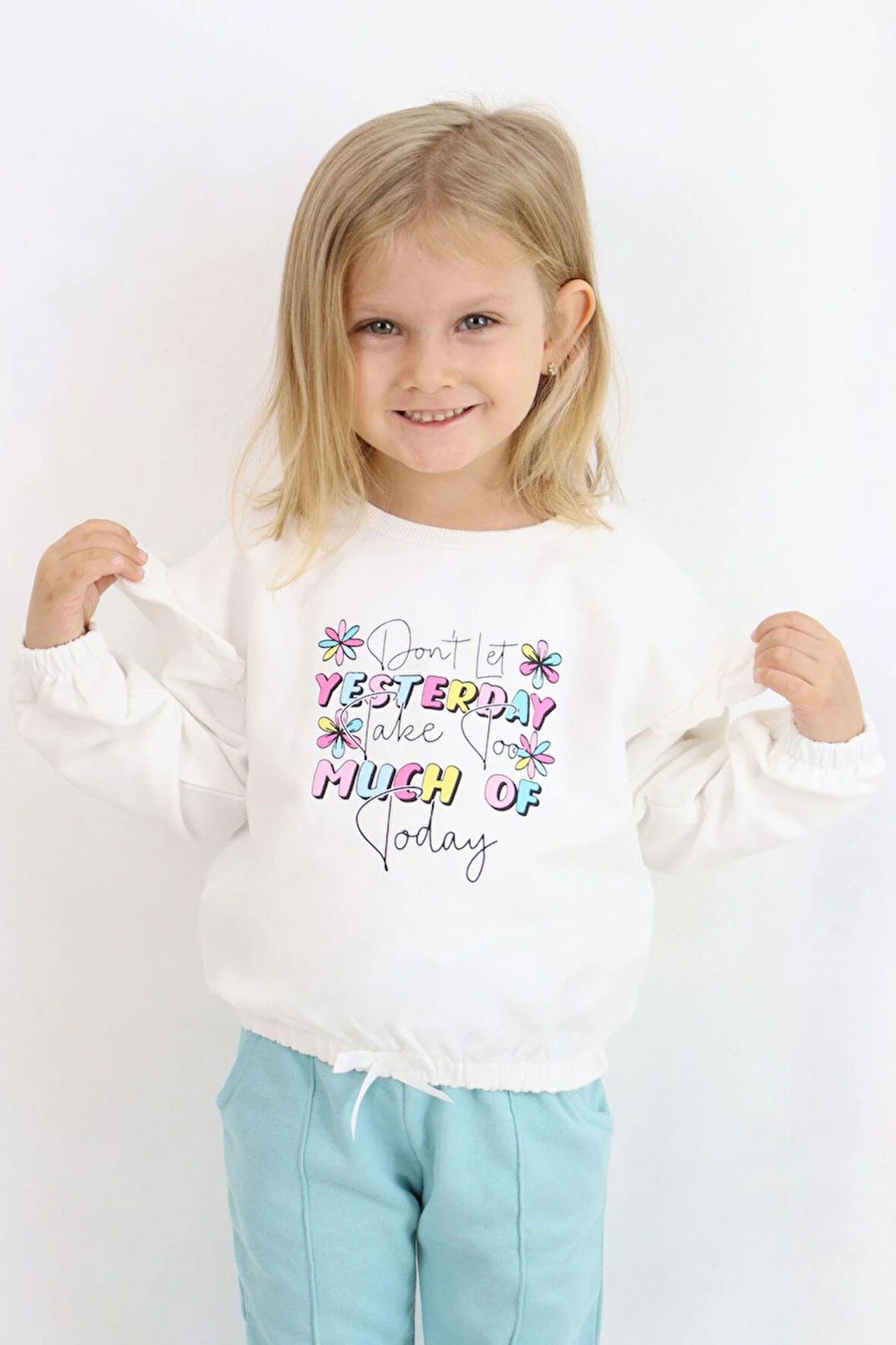 Breeze Kız Çocuk Sweatshirt Renkli Yazı Baskılı Beli Lastikli 3-7 Yaş, Ekru