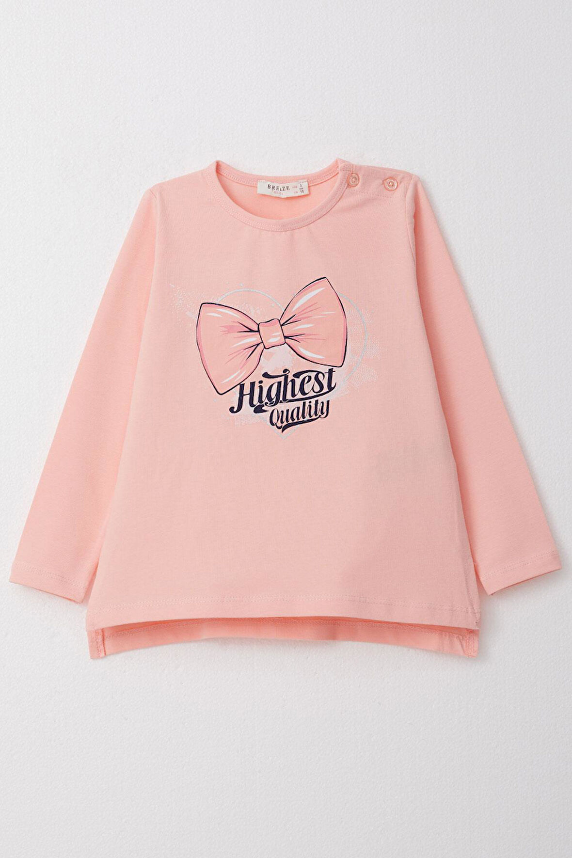 Breeze Kız Çocuk Uzun Kollu Tişört Fiyonk Baskılı 2-6 Yaş, Somon