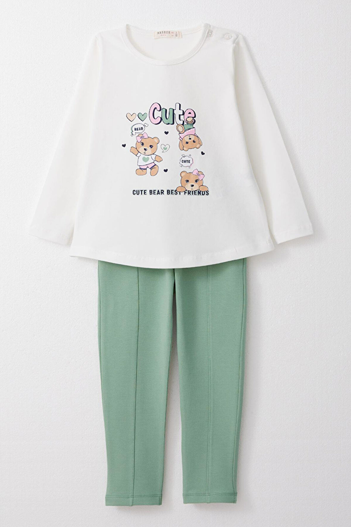 Breeze Kız Bebek Taytlı Takım Sevimli Dostlar Temalı Ayıcık Baskılı 9 Ay-3 Yaş, Beyaz