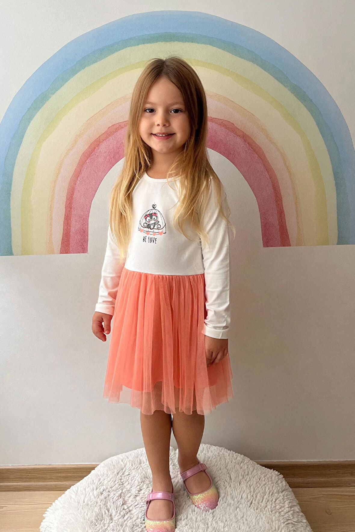 Breeze Kız Çocuk Uzun Kollu Elbise Fiyonklu Sevimli Baykuş Baskılı 1.5-5 Yaş, Ekru