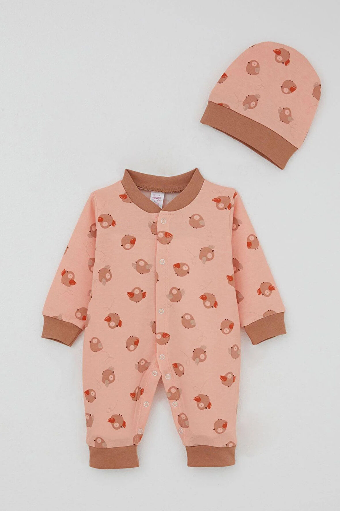 Breeze Kız Bebek Tulum Sevimli Kuşlar Desenli 0-6 Ay, Somon