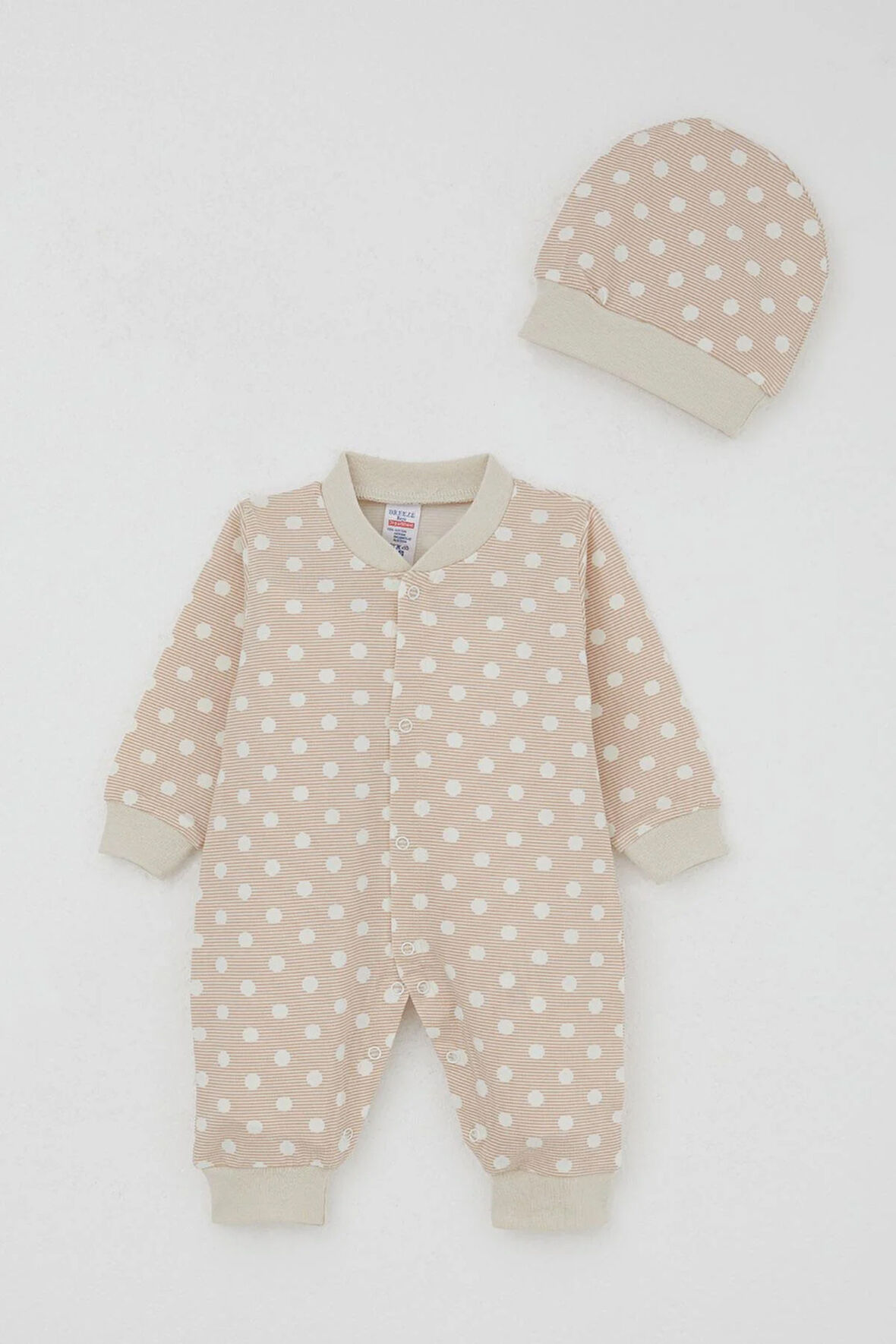 Breeze Erkek Bebek Tulum Çizgili Puantiye Desenli 0-6 Ay, Bej