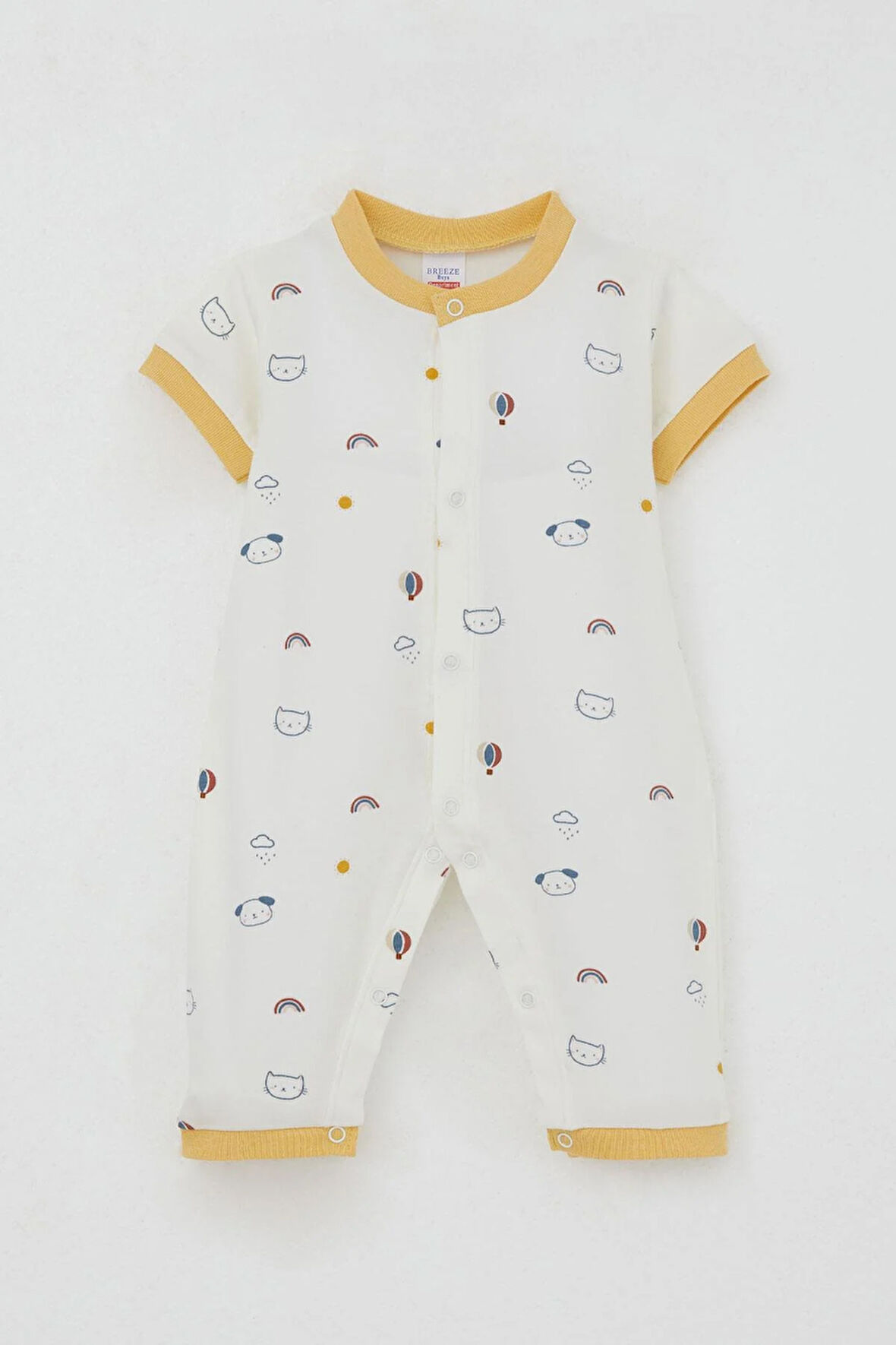 Breeze Erkek Bebek Kısa Kollu Tulum Gökyüzü Temalı Hayvancık Desenli 0-6 Ay, Ekru