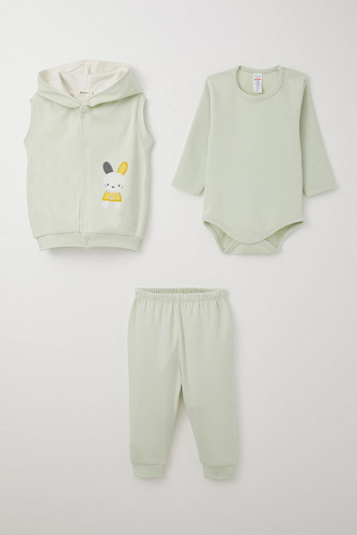 Breeze Erkek Bebek Zıbınlı 3 Lü Takım Sevimli Tavşancık Nakışlı Kapüşonlu 4 Ay-1 Yaş, Su Yeşili