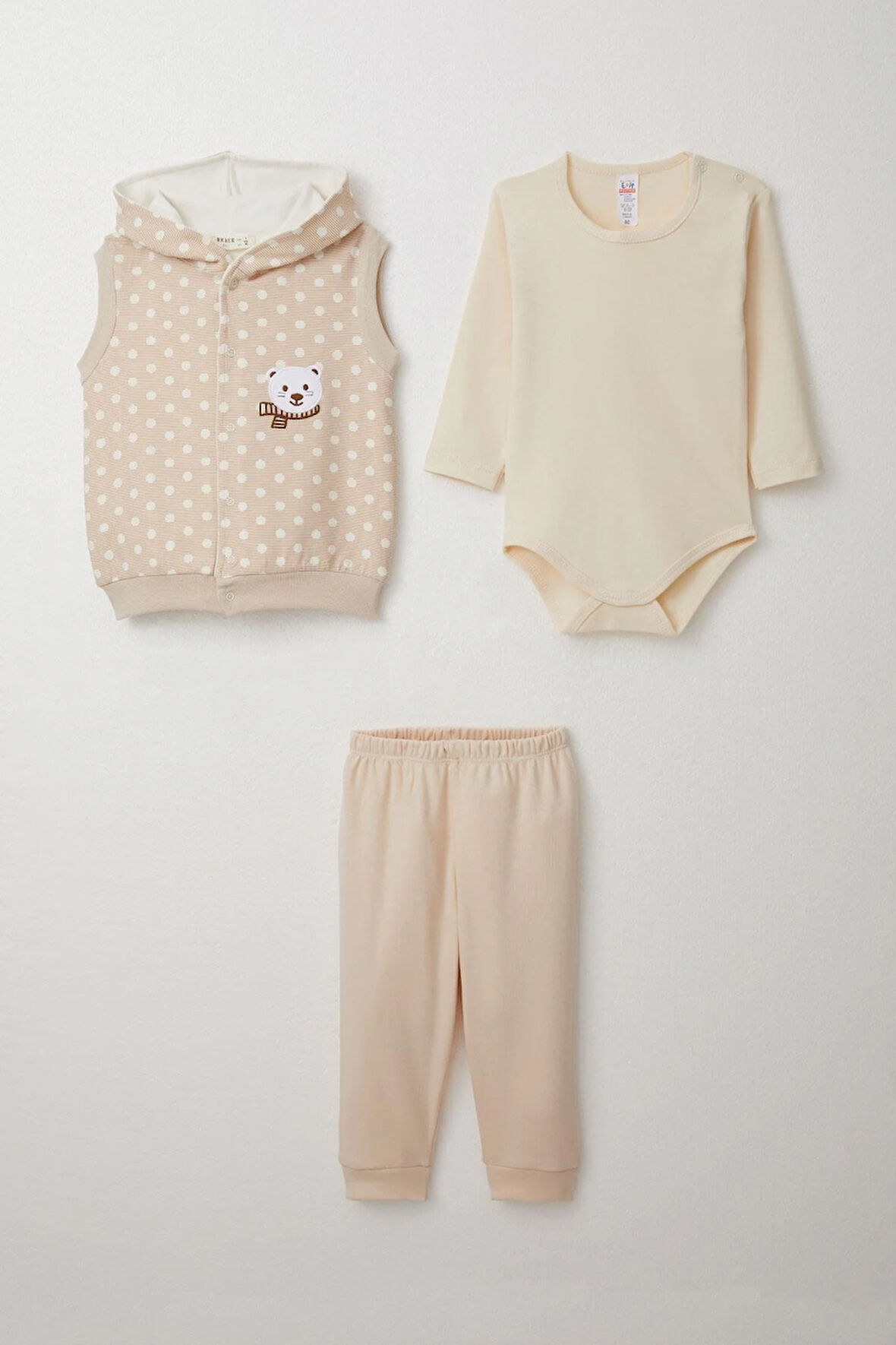 Breeze Erkek Bebek Zıbınlı 3 Lü Takım Sevimli Ayıcık Nakışlı Kapüşonlu 4 Ay-1 Yaş, Bej