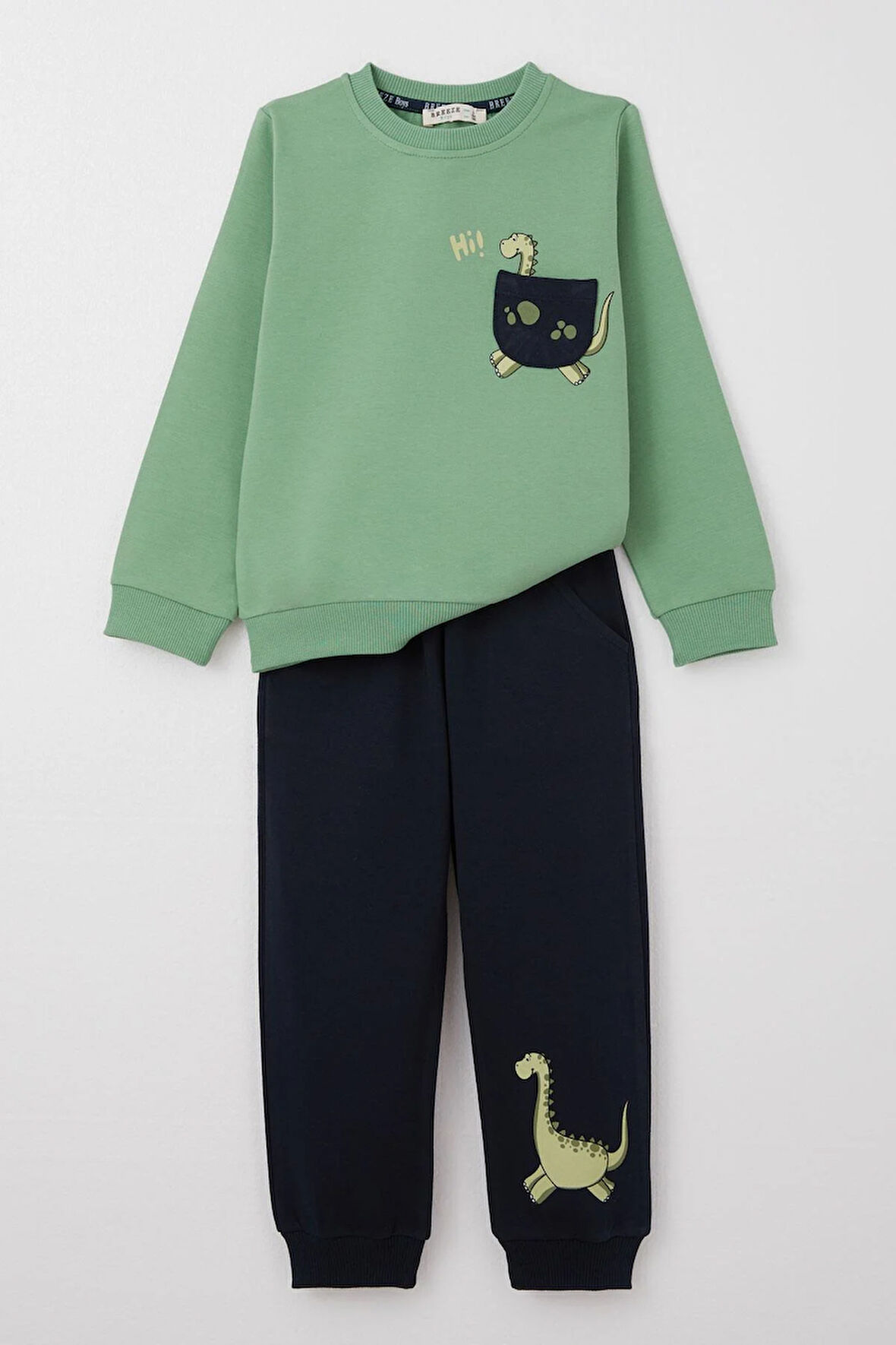 Breeze Erkek Çocuk Eşofman Takım Sevimli Dinozor Baskılı 1-4 Yaş, Mint Yeşili