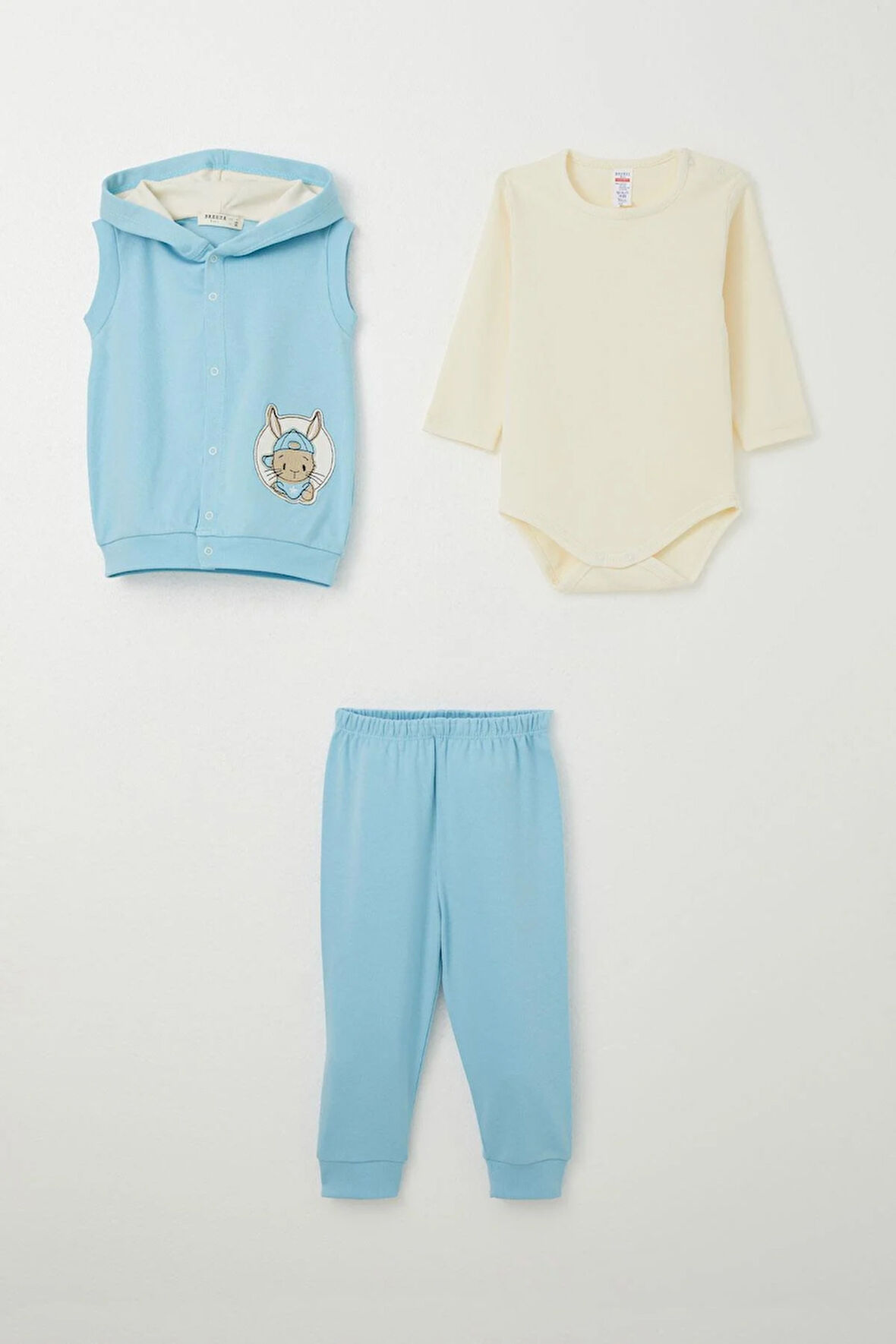 Breeze Erkek Bebek Zıbınlı 3 Lü Takım Sevimli Tavşancık Armalı 4 Ay-1 Yaş, Açık Mavi
