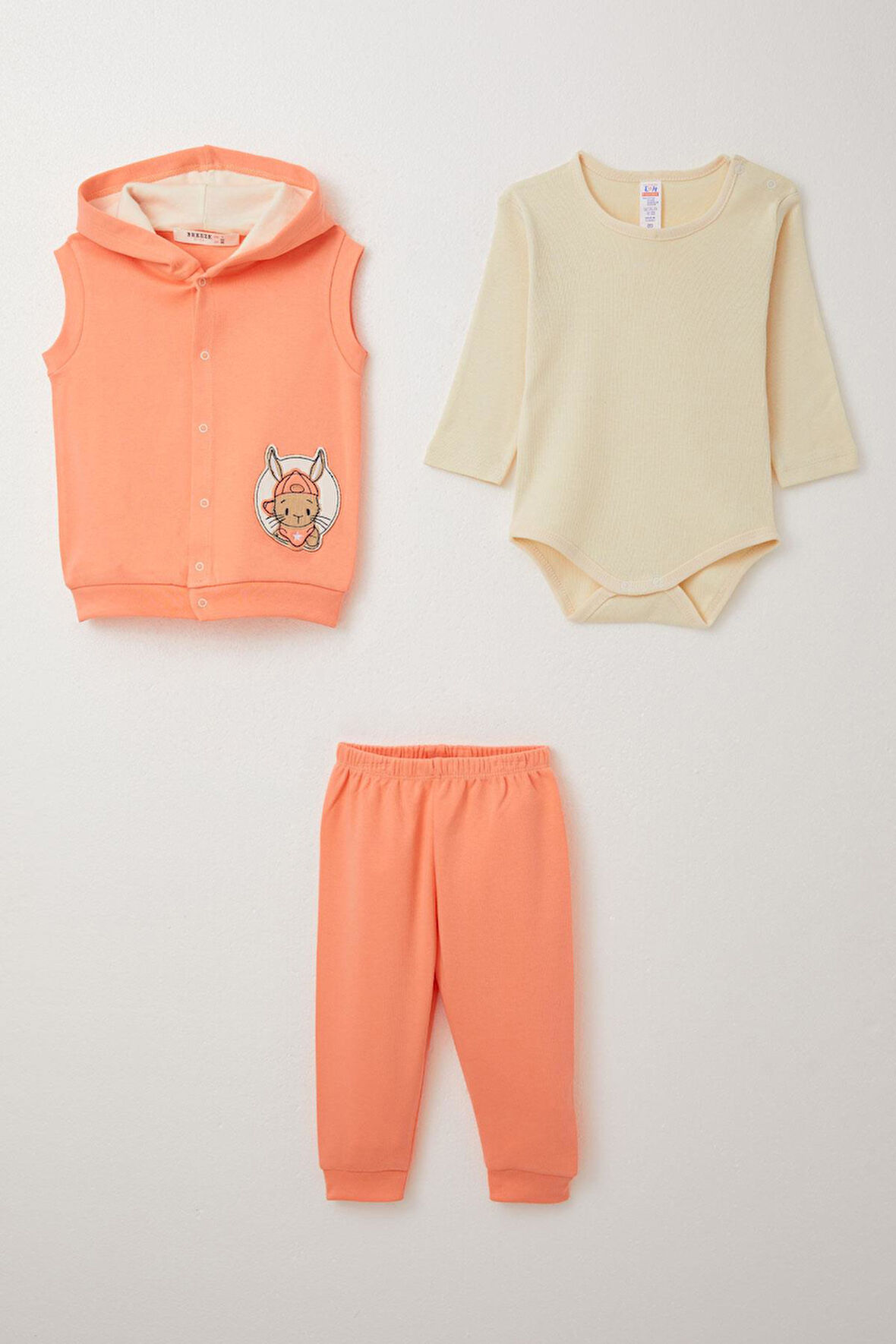 Breeze Erkek Bebek Zıbınlı 3 Lü Takım Sevimli Tavşancık Armalı 4 Ay-1 Yaş, Somon