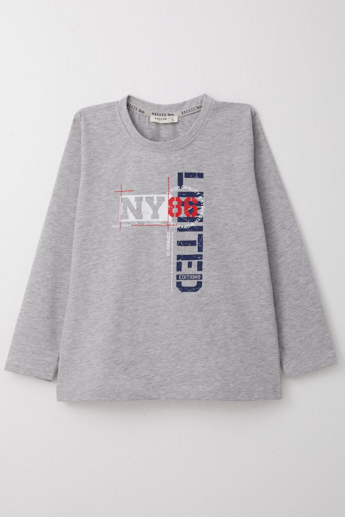 Breeze Erkek Çocuk Uzun Kollu Tişört Yazı Baskılı 6-12 Yaş, Açık Gri Melanj