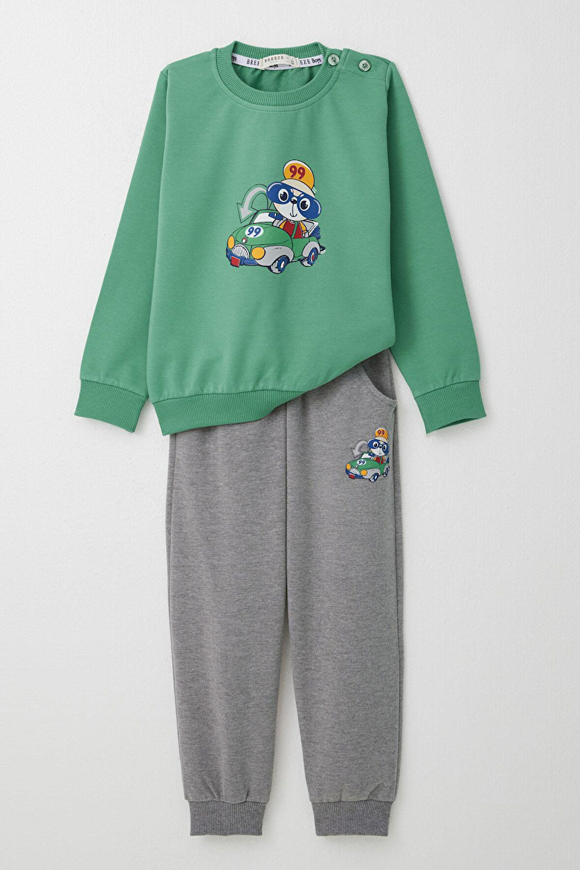 Breeze Erkek Bebek Eşofman Takım Yarışçı Ayıcık Baskılı 9 Ay-3 Yaş, Mint Yeşili