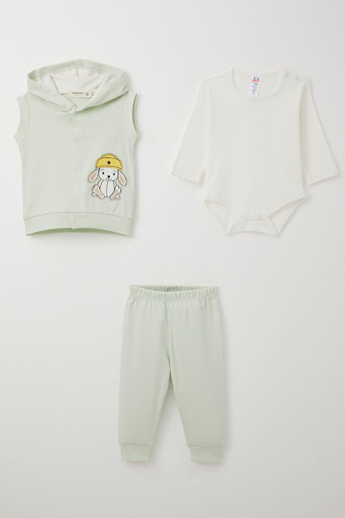 Breeze Erkek Bebek Zıbınlı 3 Lü Takım Sevimli Şapkalı Köpekçik Nakışlı 4 Ay-1 Yaş, Su Yeşili
