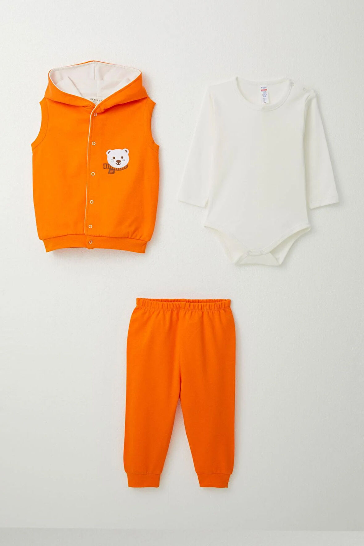 Breeze Erkek Bebek Zıbınlı 3 Lü Takım Sevimli Ayıcık Nakışlı Kapüşonlu 4 Ay-1 Yaş, Neon Turuncu