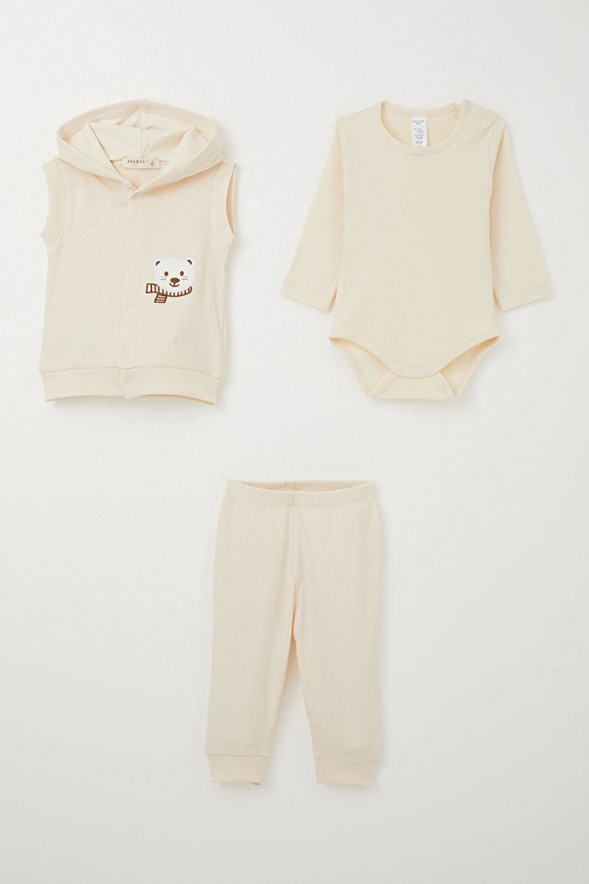 Breeze Erkek Bebek Zıbınlı 3 Lü Takım Sevimli Ayıcık Nakışlı Kapüşonlu 4 Ay-1 Yaş, Krem