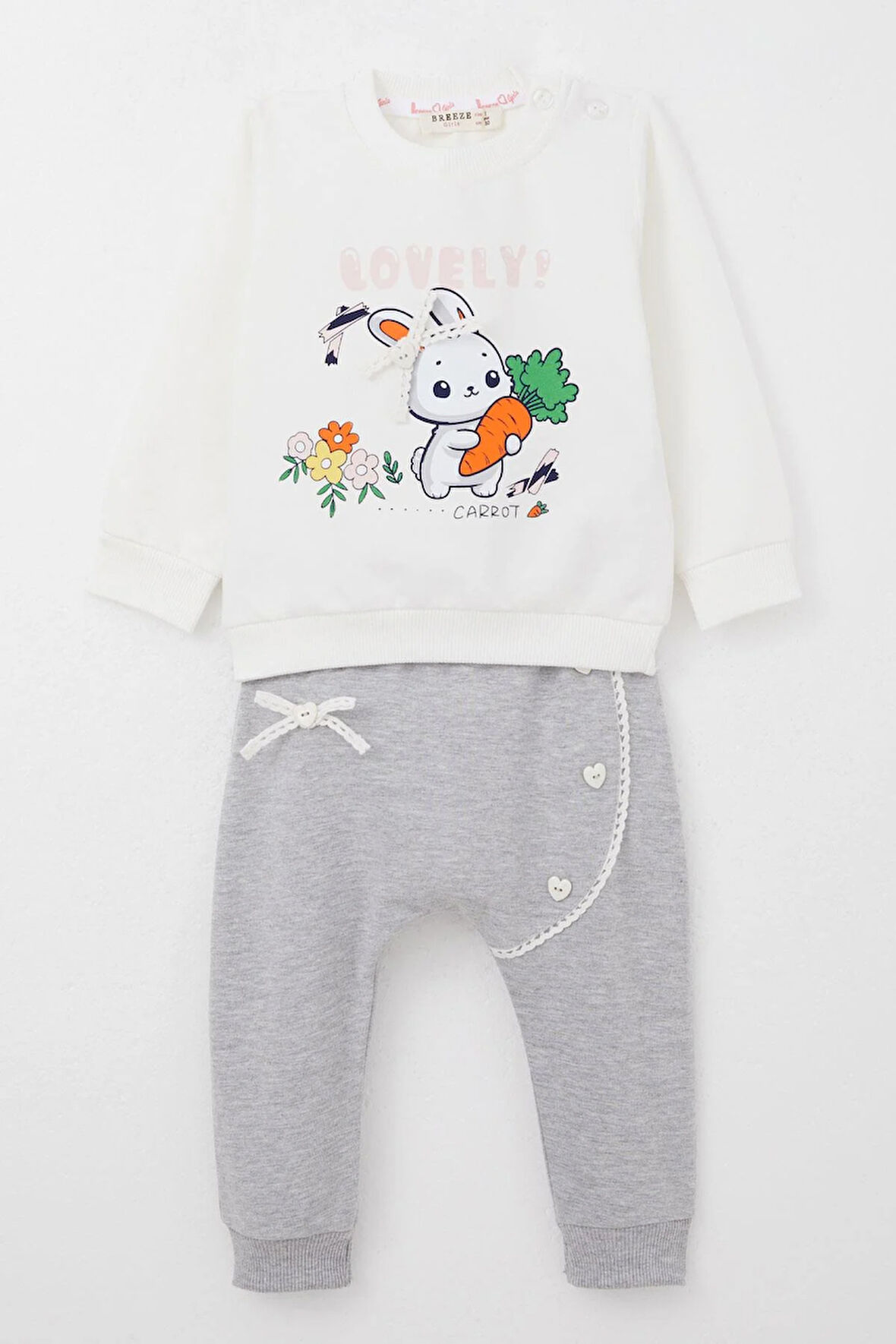 Breeze Kız Bebek Eşofman Takım Sevimli Havuçlu Tavşancık Baskılı 6 Ay-2 Yaş, Ekru