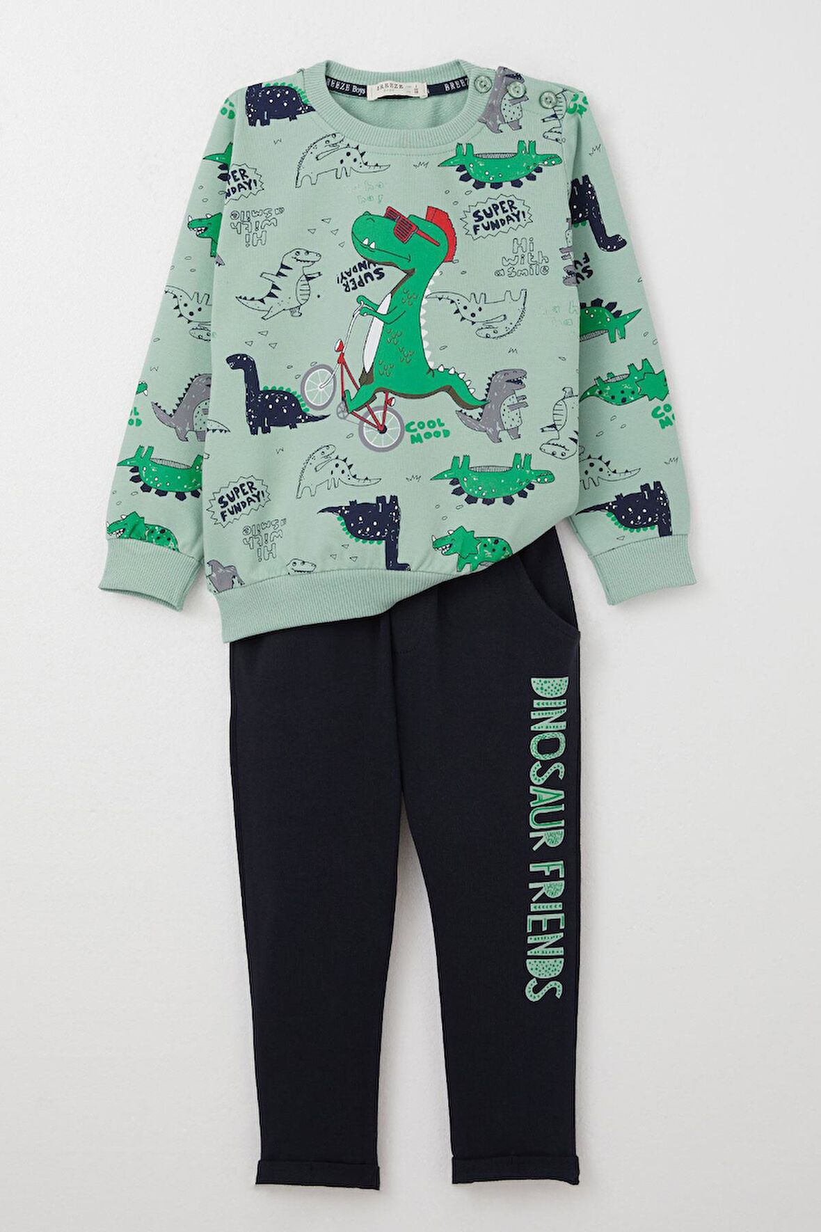 Breeze Erkek Bebek Eşofman Takımı Dinozor Baskılı 9 Ay-3 Yaş, Su Yeşili