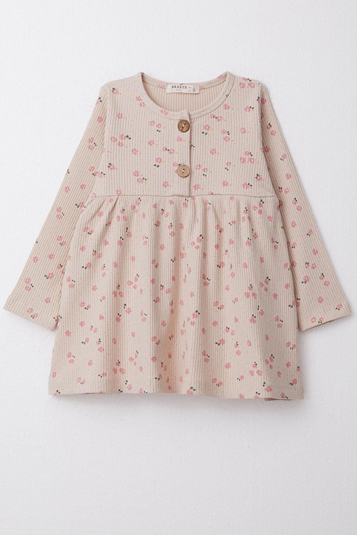 Breeze Kız Çocuk Uzun Kollu Elbise Çiçekli Düğmeli 1.5-5 Yaş, Bej