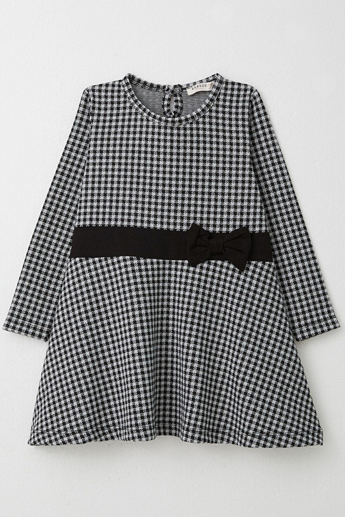 Breeze Kız Çocuk Uzun Kollu Elbise Kaz Ayağı Desenli Fiyonklu 3-8 Yaş, Siyah