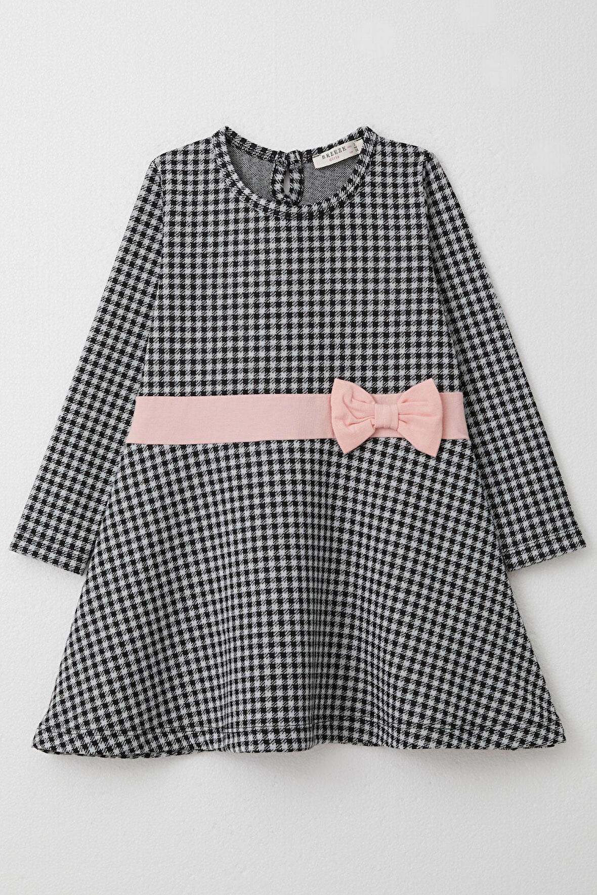 Breeze Kız Çocuk Uzun Kollu Elbise Kaz Ayağı Desenli Fiyonklu 3-8 Yaş, Siyah