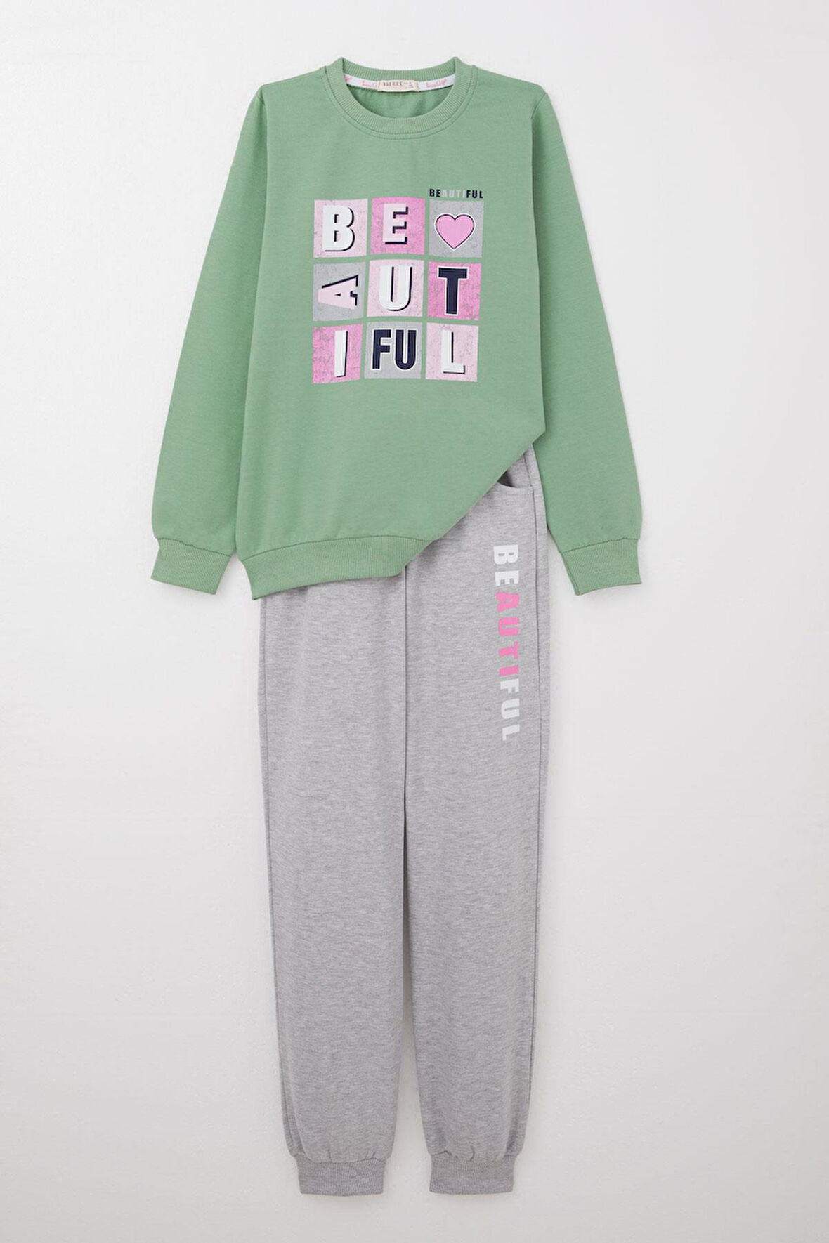 Breeze Kız Çocuk Eşofman Takım Renkli Yazı Baskılı 8-12 Yaş, Mint Yeşili