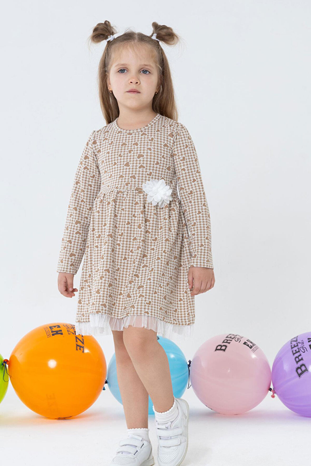 Breeze Kız Çocuk Uzun Kollu Elbise Kalp & Kazayağı Desenli 3-7 Yaş, Bej