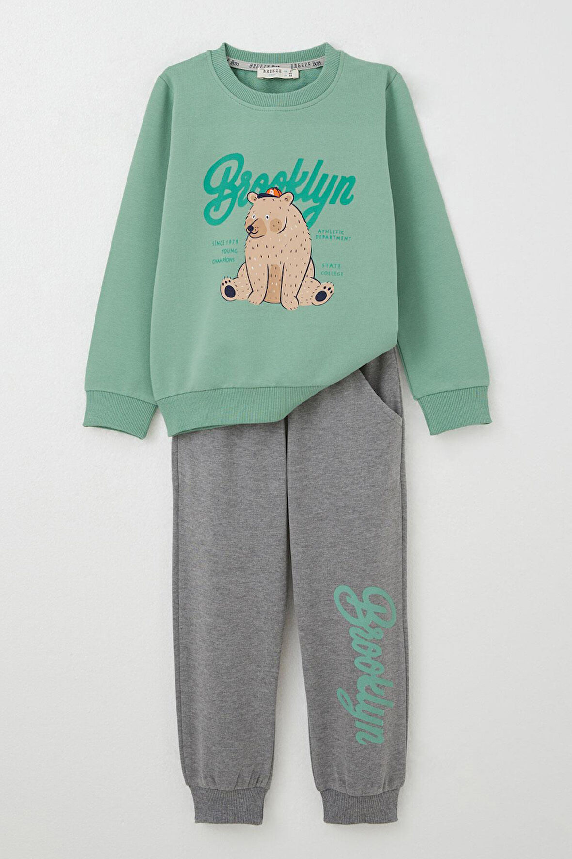 Breeze Erkek Çocuk Eşofman Takım Kolej Şampiyonu Sevimli Ayıcık Baskılı 2-6 Yaş, Mint Yeşili