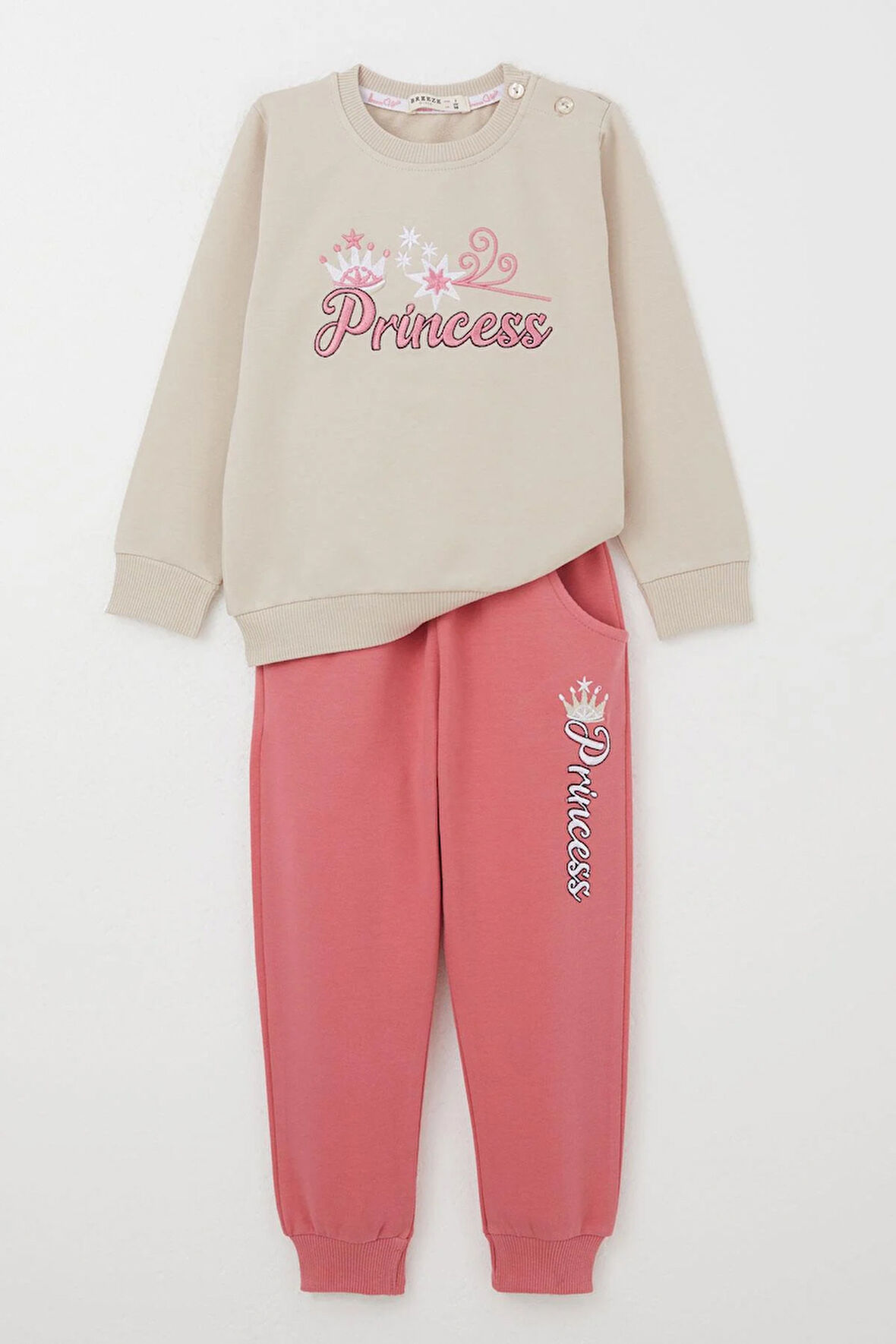 Breeze Kız Bebek Eşofman Takım Prenses Yazı Nakışlı 9 Ay-3 Yaş, Bej
