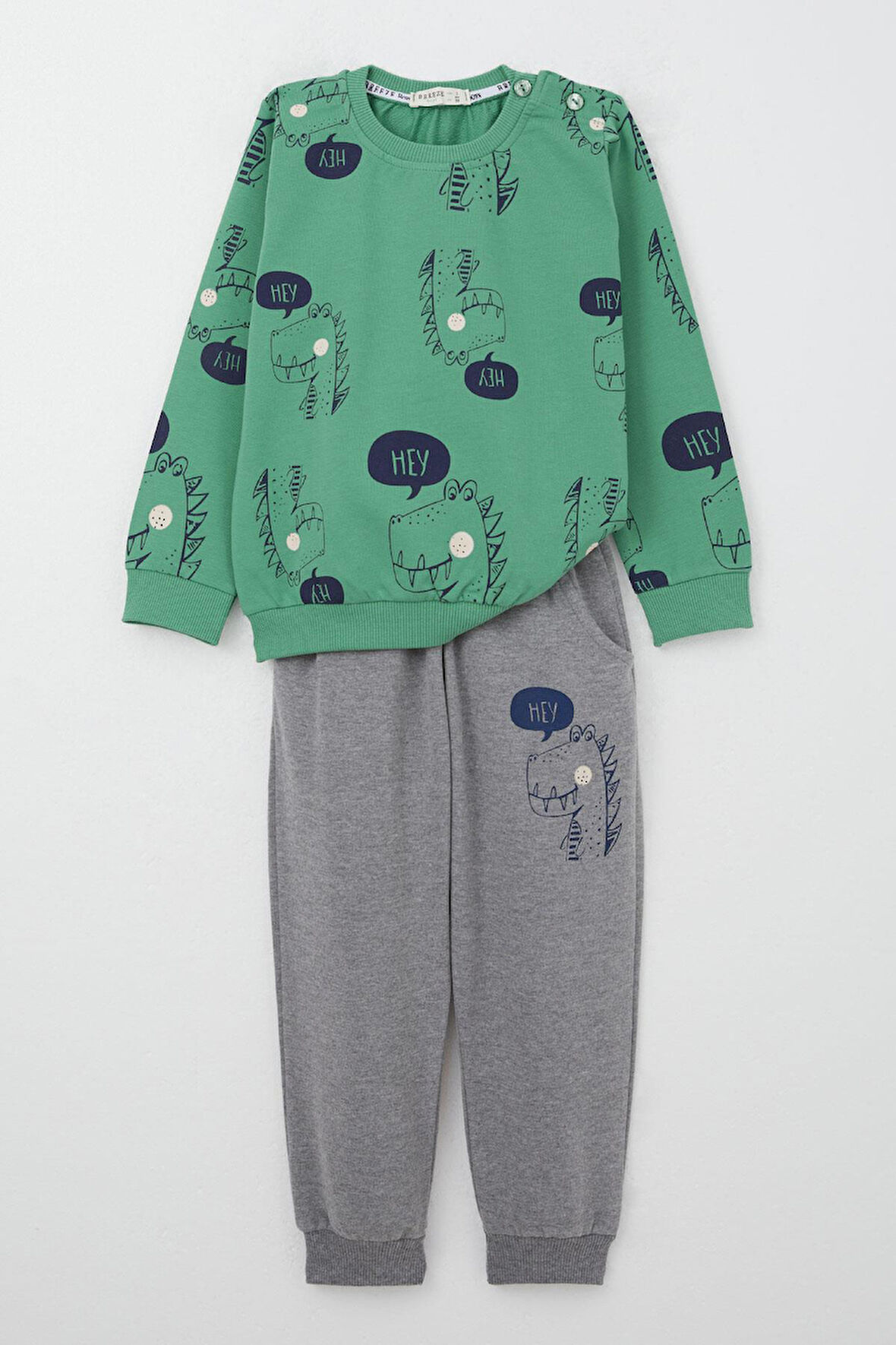 Breeze Erkek Çocuk Eşofman Takımı Sevimli Dinozor Desenli 1.5-5 Yaş, Mint Yeşili