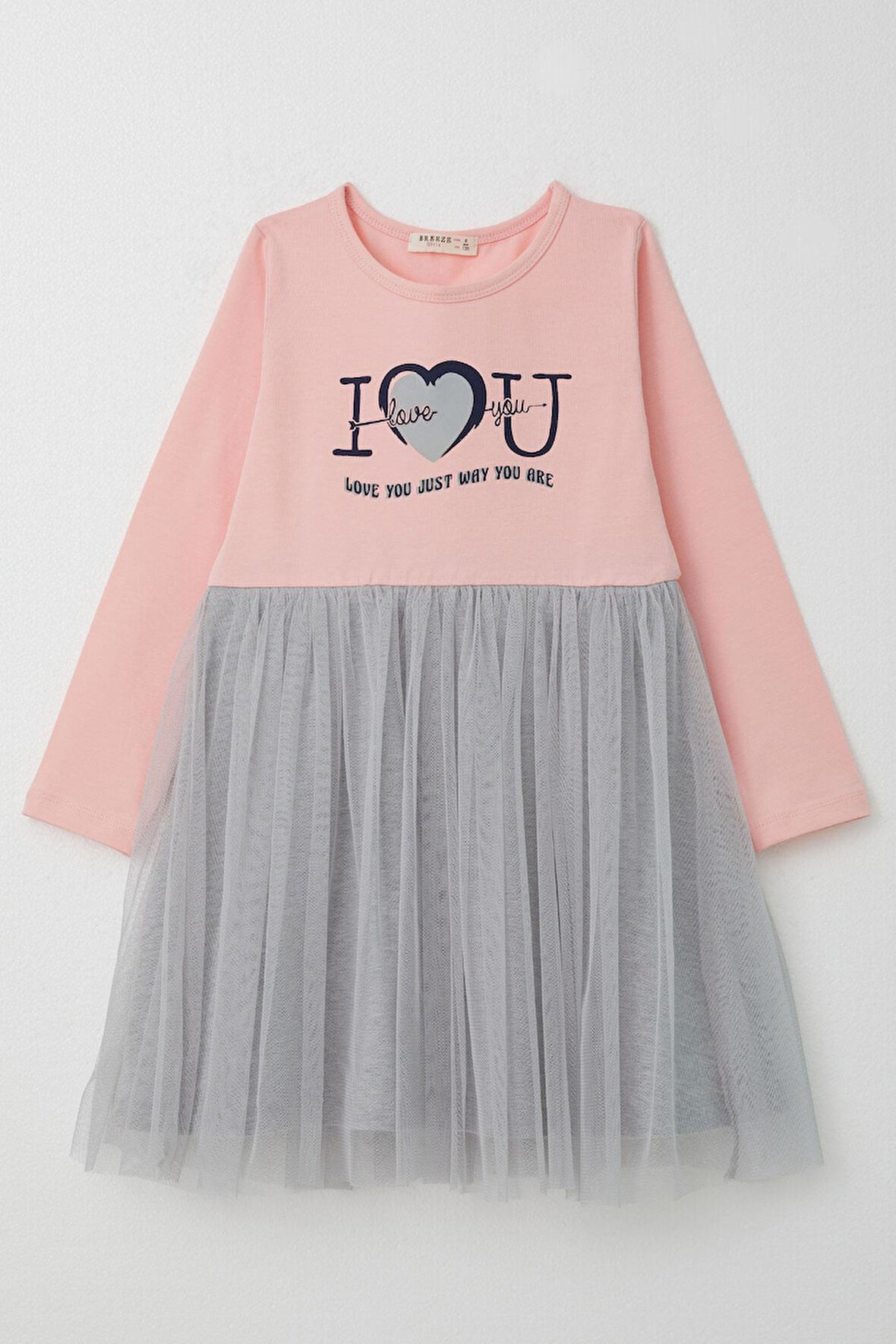 Breeze Kız Çocuk Uzun Kollu Elbise Yazı Baskılı Tüllü 8-12 Yaş, Pembe