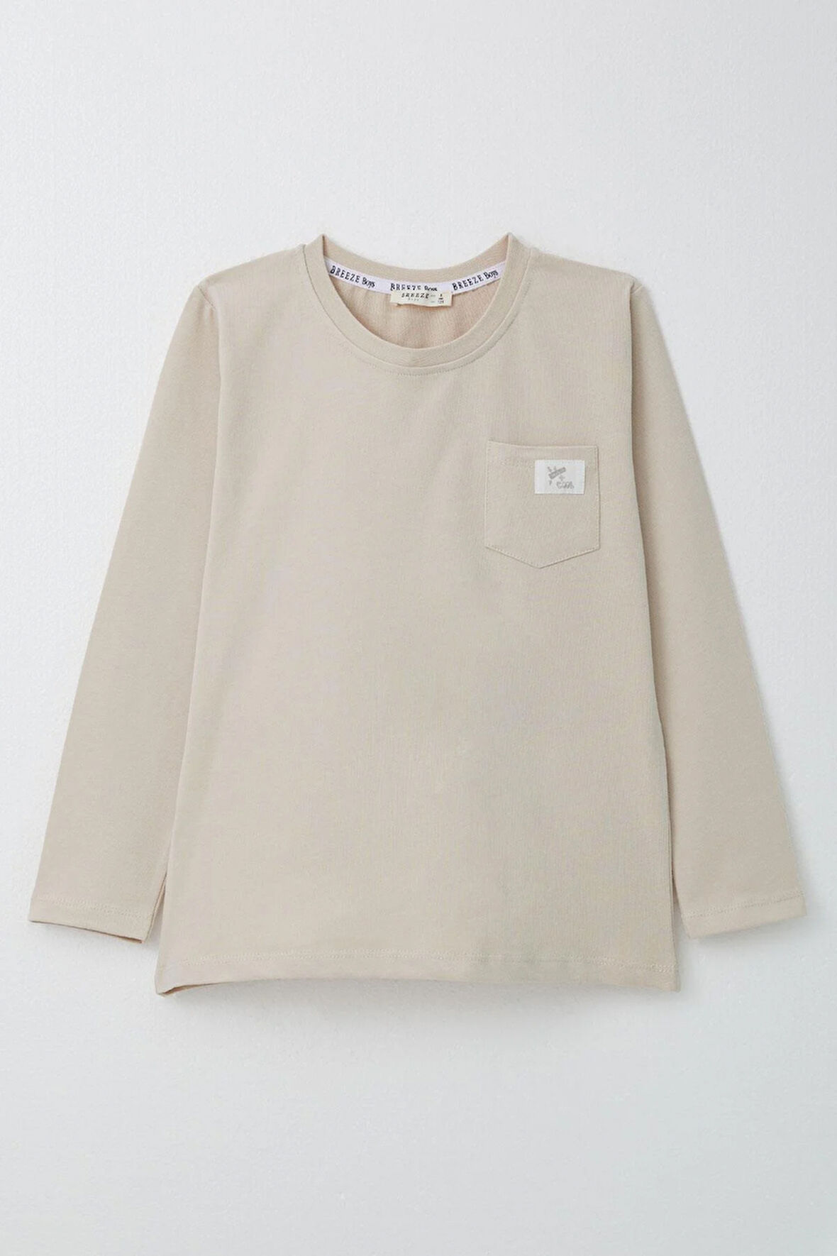 Breeze Erkek Çocuk Uzun Kollu Tişört Cool Yazı Armalı Cepli 4-8 Yaş, Bej